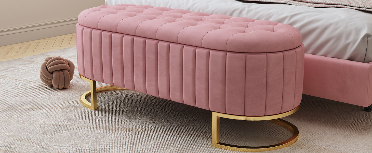 Elegant Upholstered Velvet Storage Ottoman with Button-Tufted,Storage Bench with Metal Legs for Bedroom,Living Room,Fully Assembled Except Legs,Pink - Grand Goldman Shop