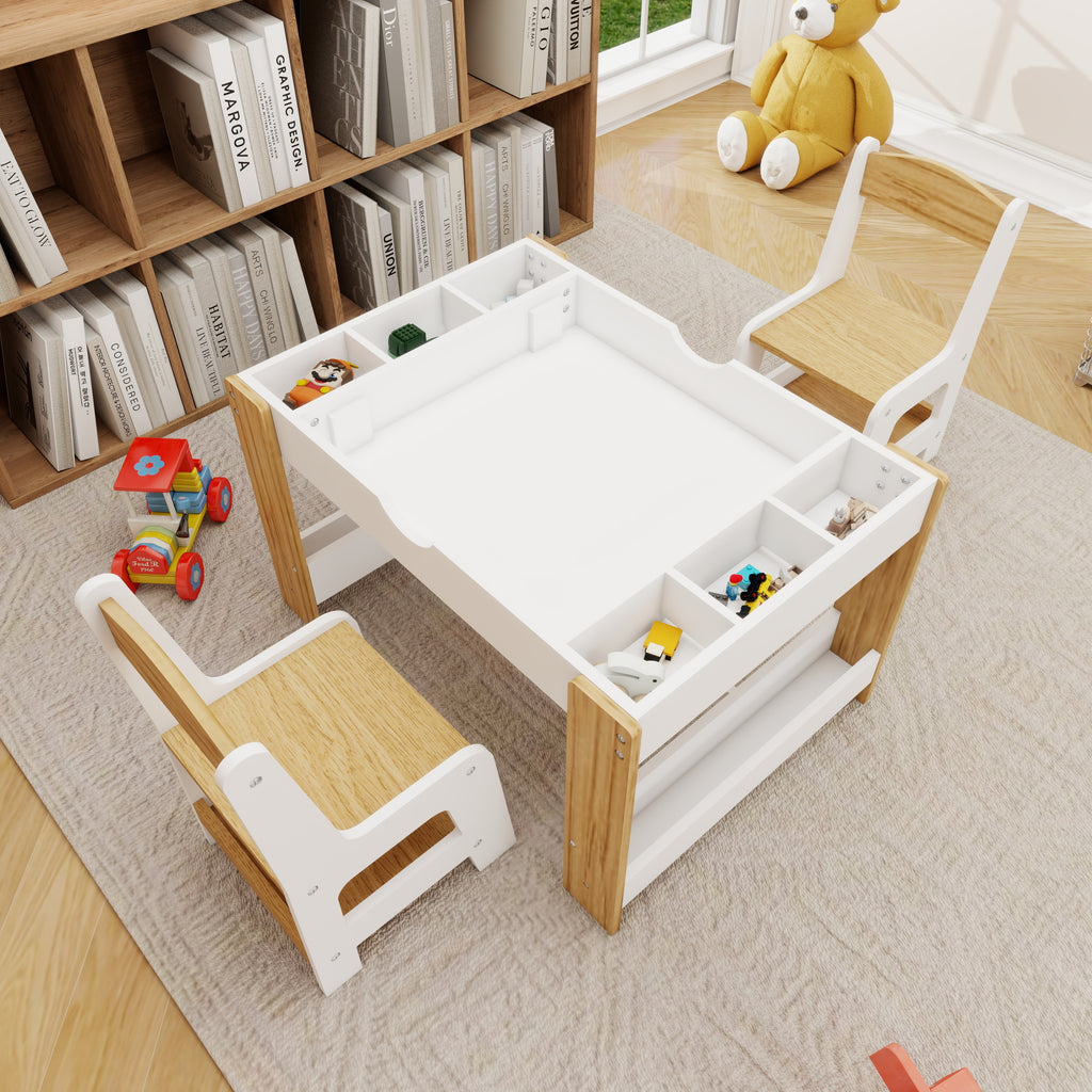 Kids 2 in 1 Play Table & 2 Chairs Set,with 7 Storage Compartments,Compatible with LEGO Building Block,Modern Activity Learnin