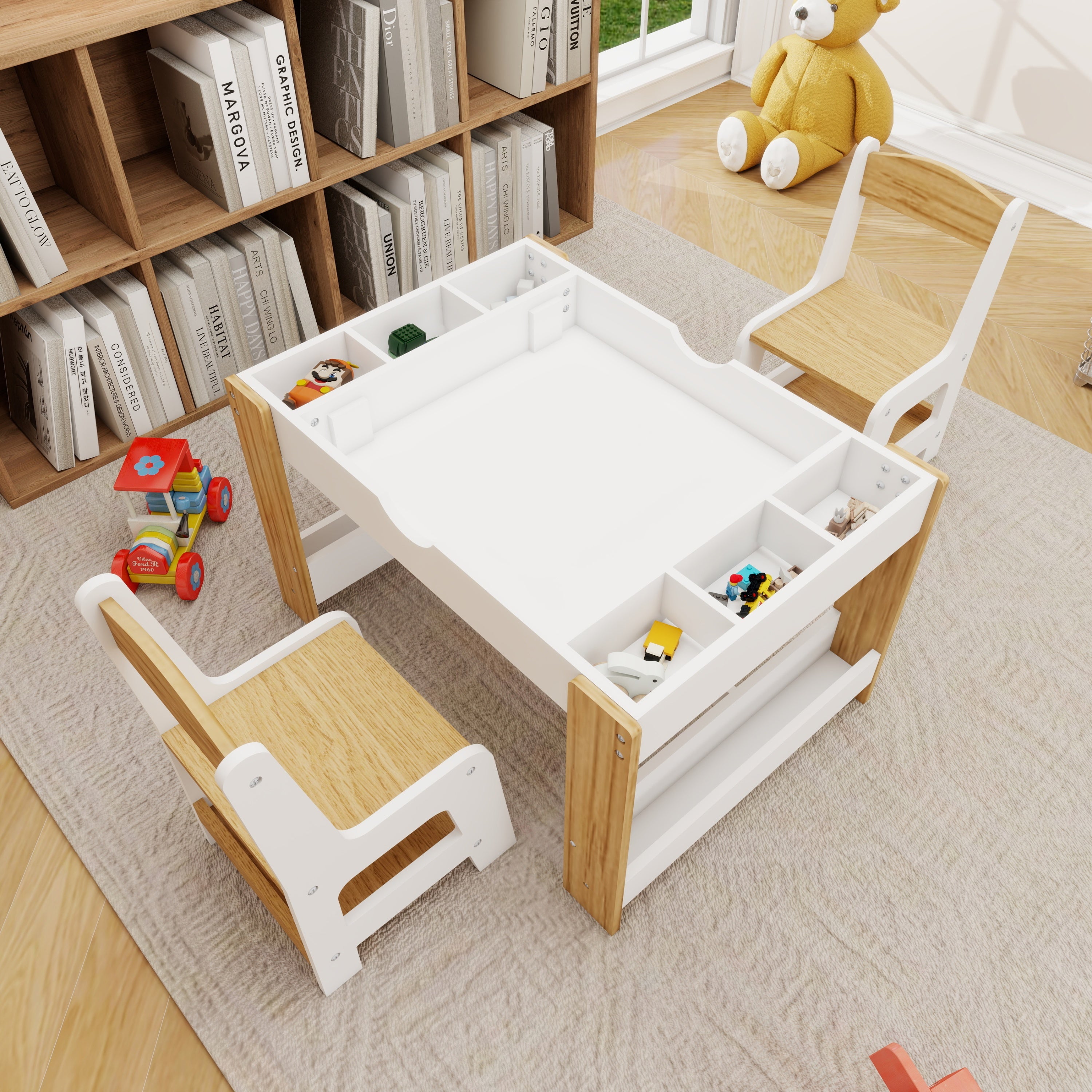 Kids 2 in 1 Play Table & 2 Chairs Set,with 7 Storage Compartments,Compatible with LEGO Building Block,Modern Activity Learnin