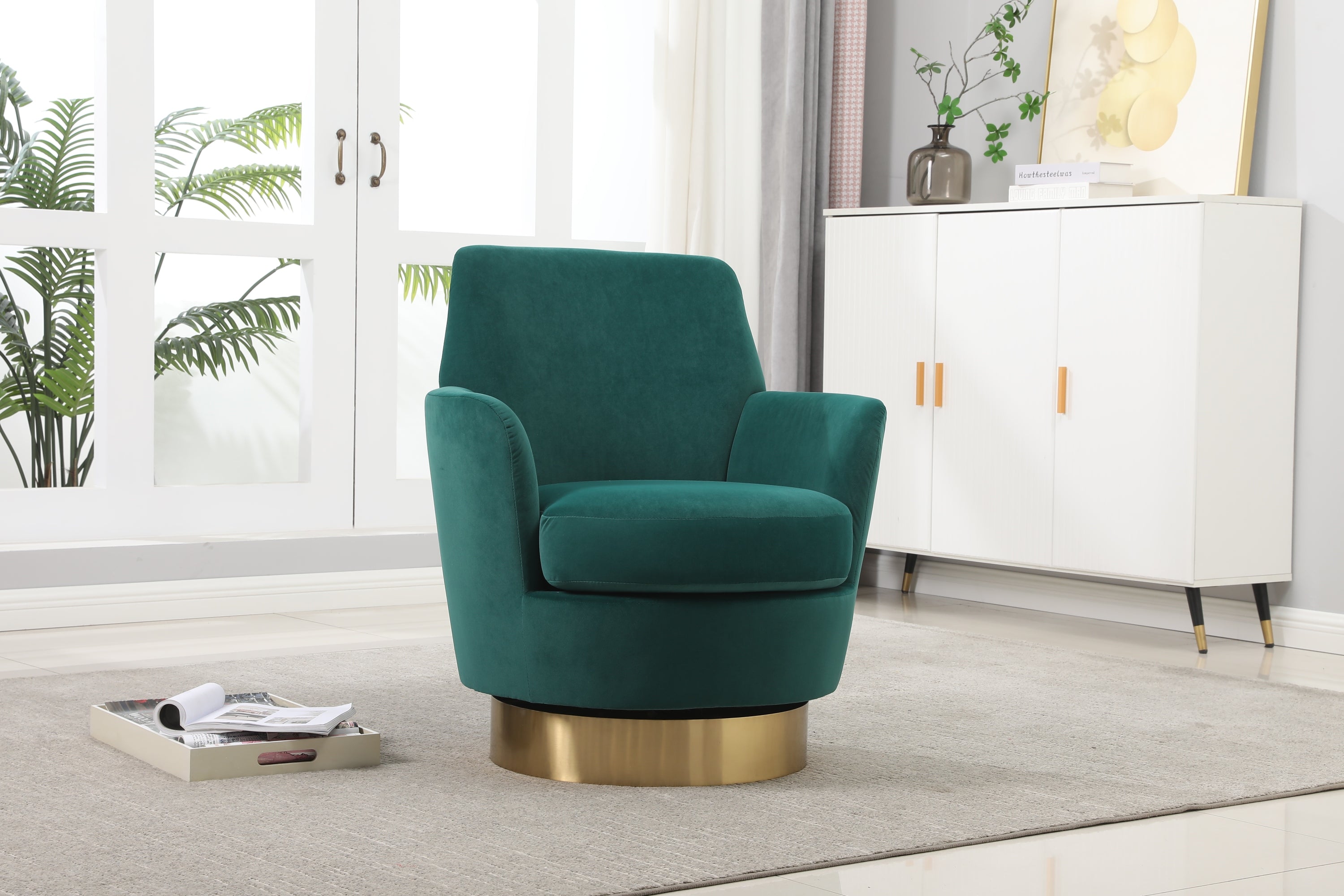 Velvet Swivel Barrel Chair, Swivel Accent Chairs Armchair for Living Room, Reading Chairs for Bedroom Comfy, Round Barrel Chairs with Gold Stainless Steel Base (Emerald) - Grand Goldman Shop