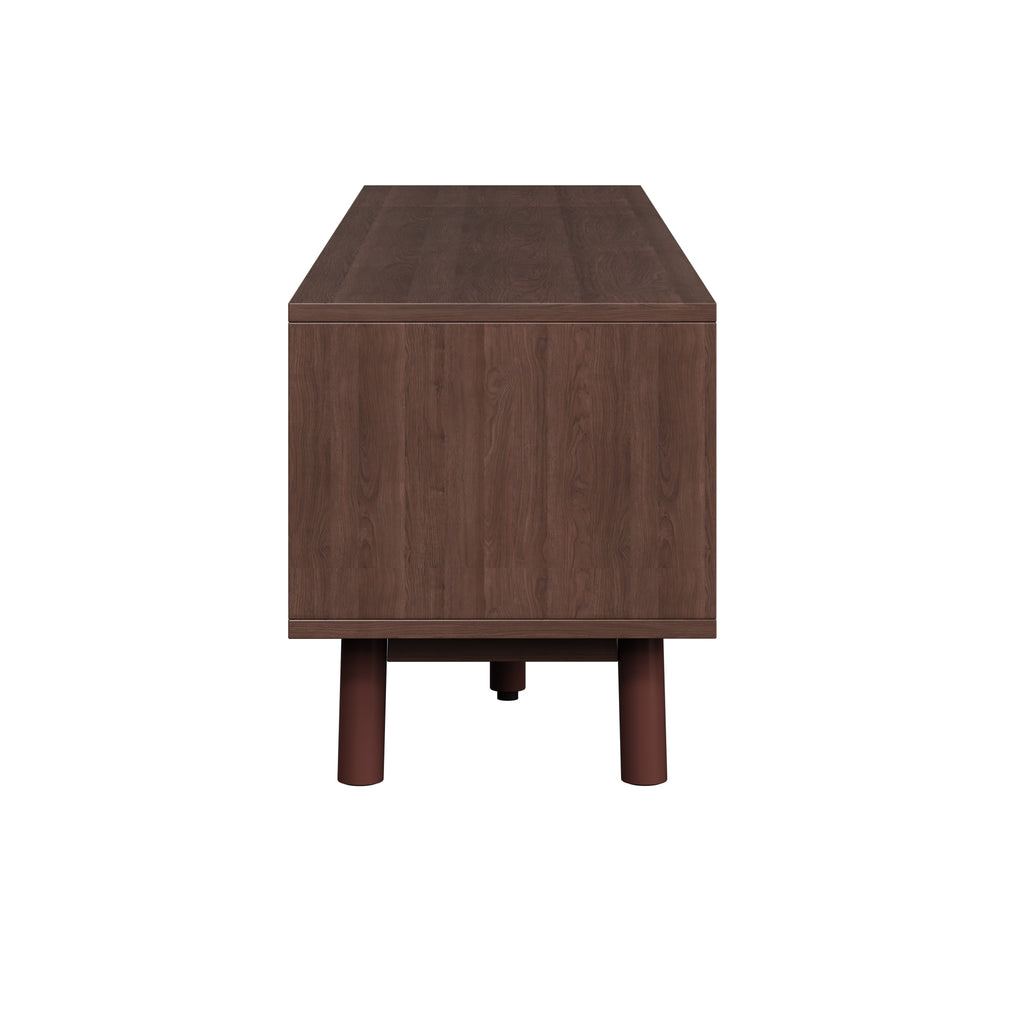 Wood Fashionable TV Stand for 75' TVs with Soft-Closing Doors, Dark Brown Modern Console with Rattan Accents and Drop-Down Cabinet, Solid Wood and MDF Construction - Grand Goldman Shop