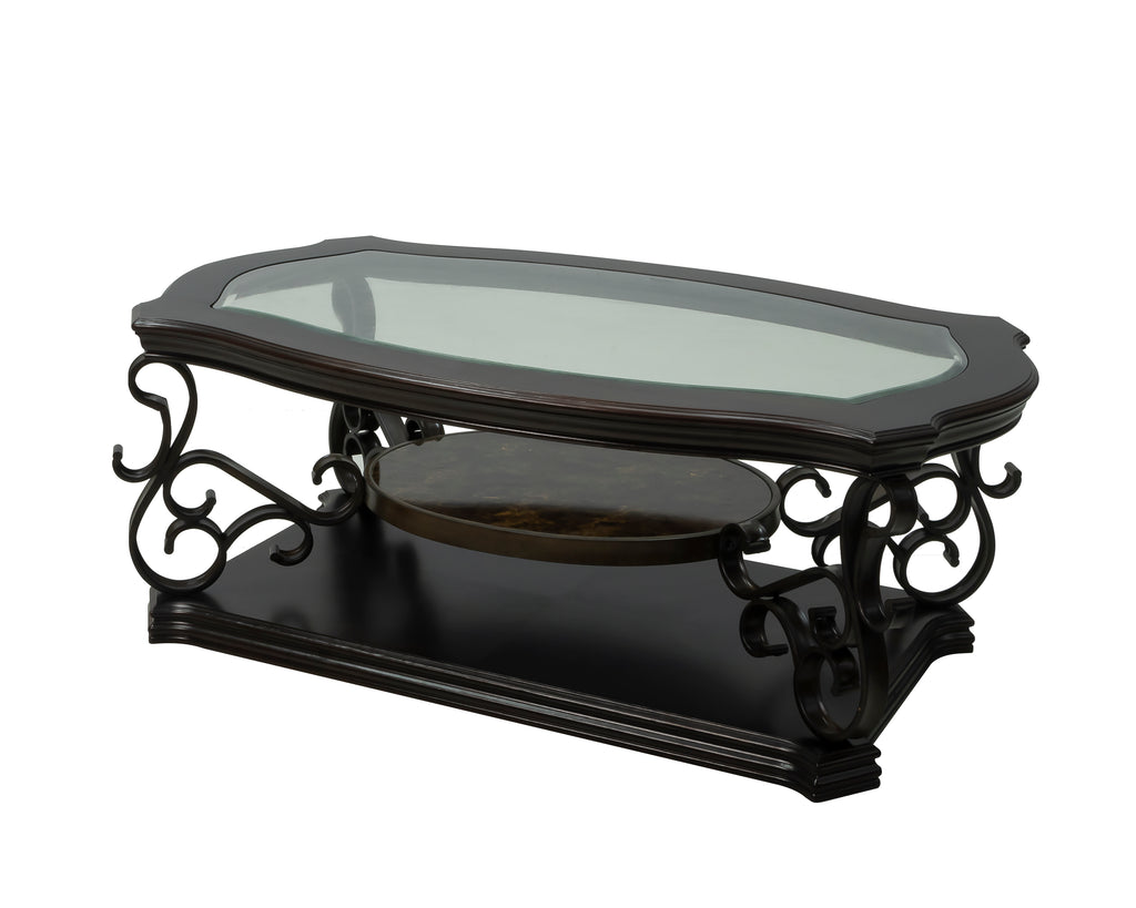 Cocktail Table, Glass table top, MDF W/marble paper middle shelf, powder coat finish metal legs. (52'Lx32'Wx20.3'H) - Grand Goldman Shop