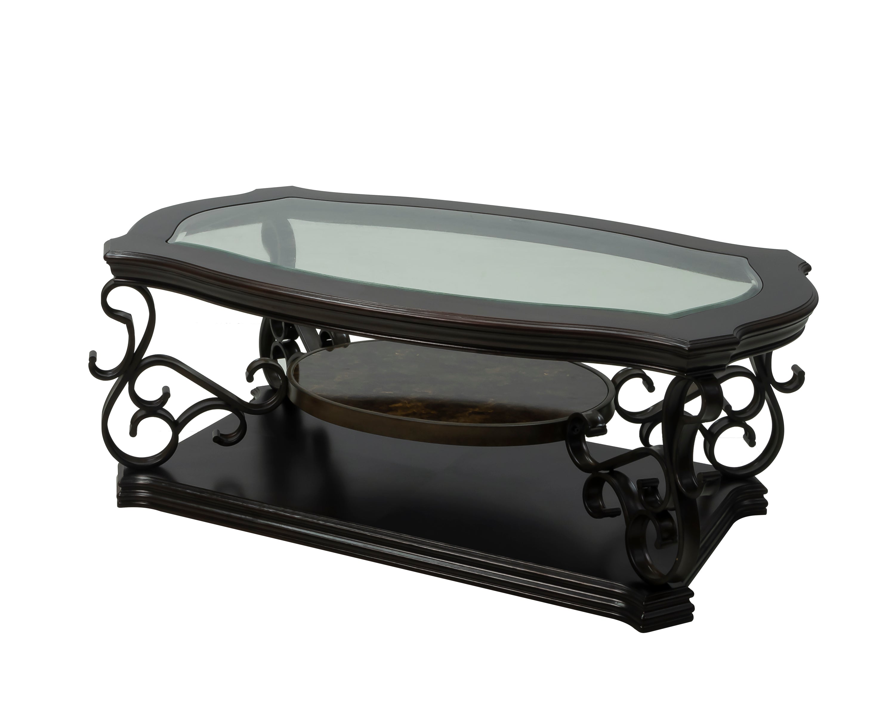 Cocktail Table, Glass table top, MDF W/marble paper middle shelf, powder coat finish metal legs. (52'Lx32'Wx20.3'H) - Grand Goldman Shop