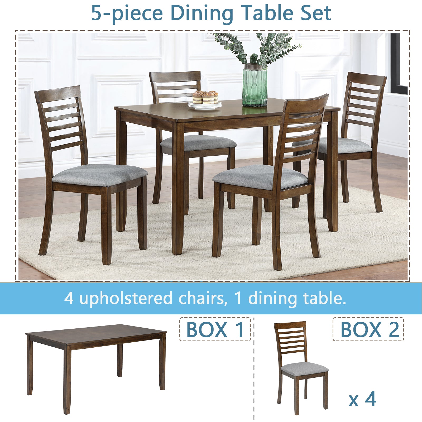 5PCs Modern Dining Set, Rectangular Wooden Dining Table with 4 Upholstered Chairs for Kitchen, Dining Room, Walnut - Grand Goldman Shop