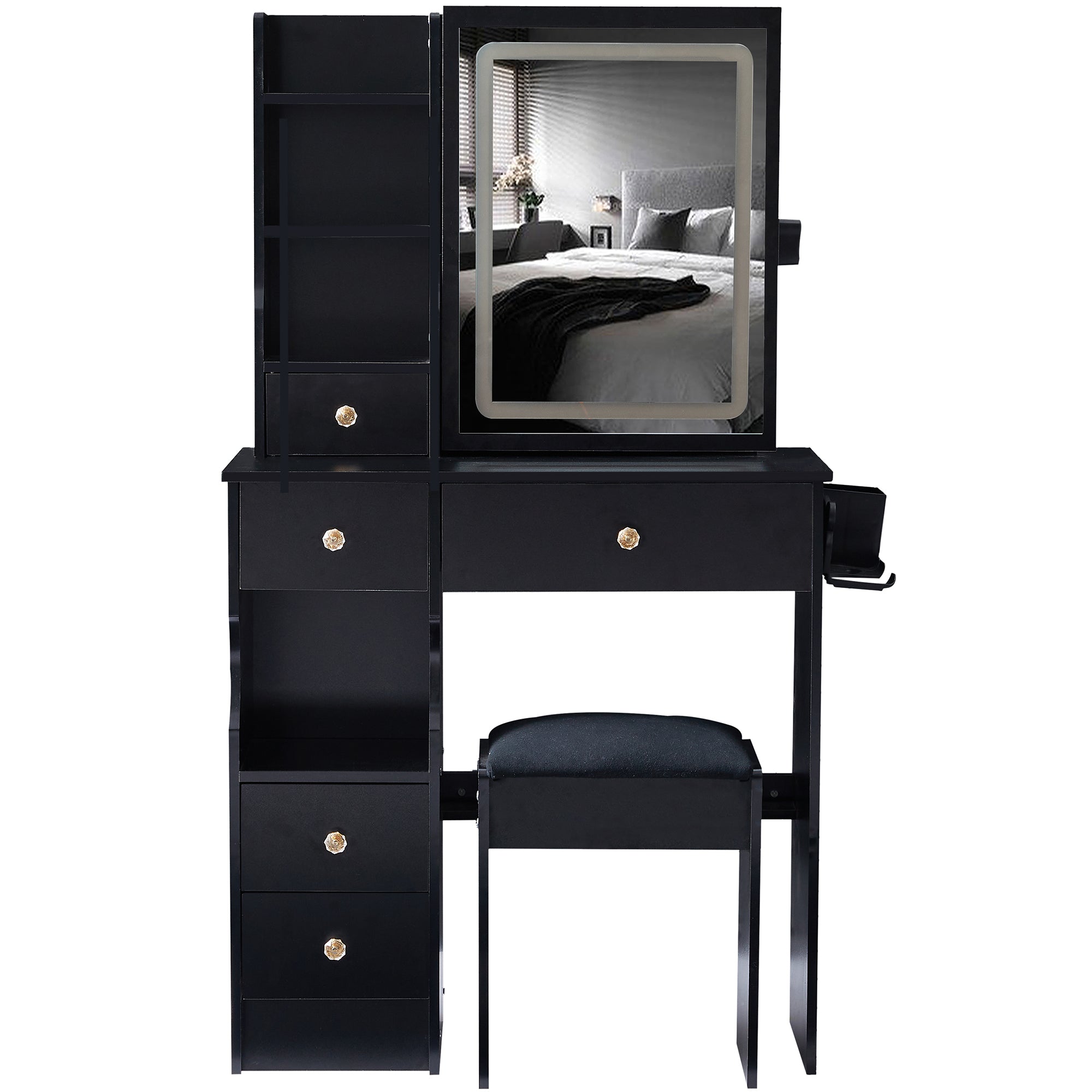 29.2' Small Size Drawer Desktop Vanity Table + Cushioned Stool, 2 AC+2 USB Power Station, Hair dryer bracket, Extra Large Touch Control Sliding LED Mirror, 3-color Switching, EPA, GCC, UL Certificate - Grand Goldman Shop