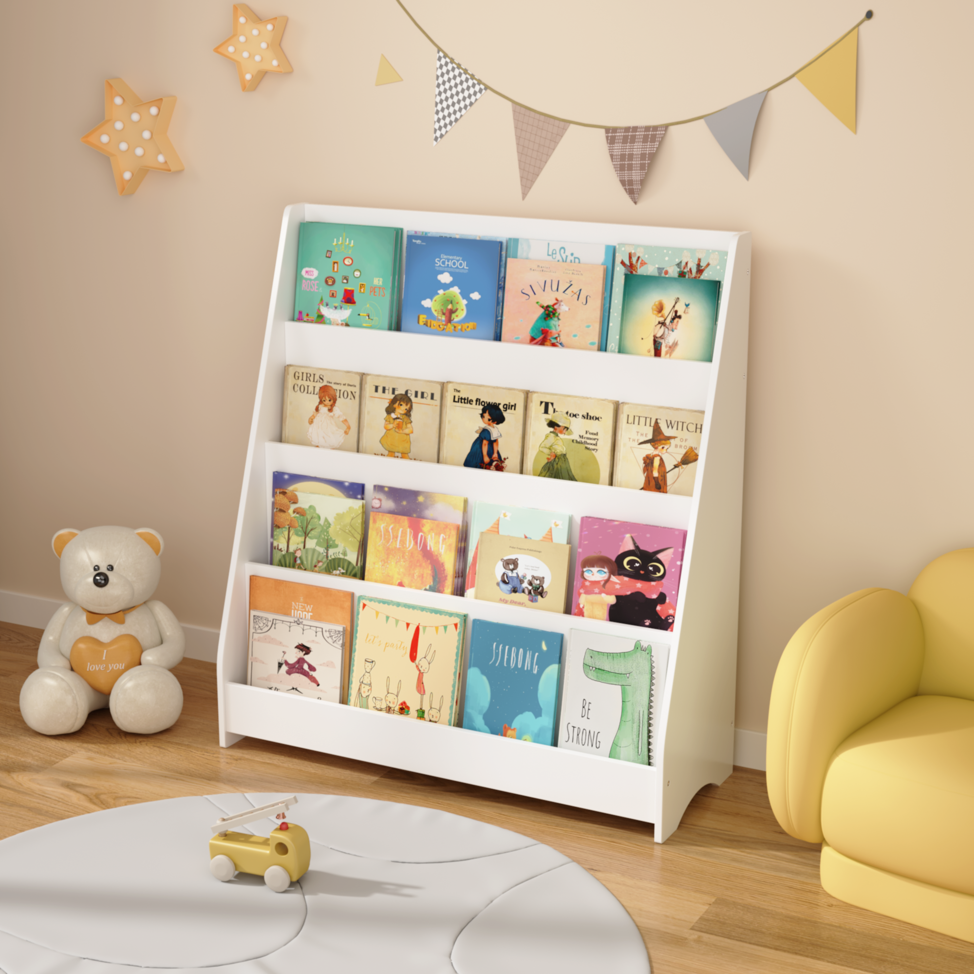 4-Tier Kids Bookshelf, Toddler Book Display Shelves in White, Made of MDF with Rounded Edges, 31.5 x 11.8 x 34.65 inches - Gr