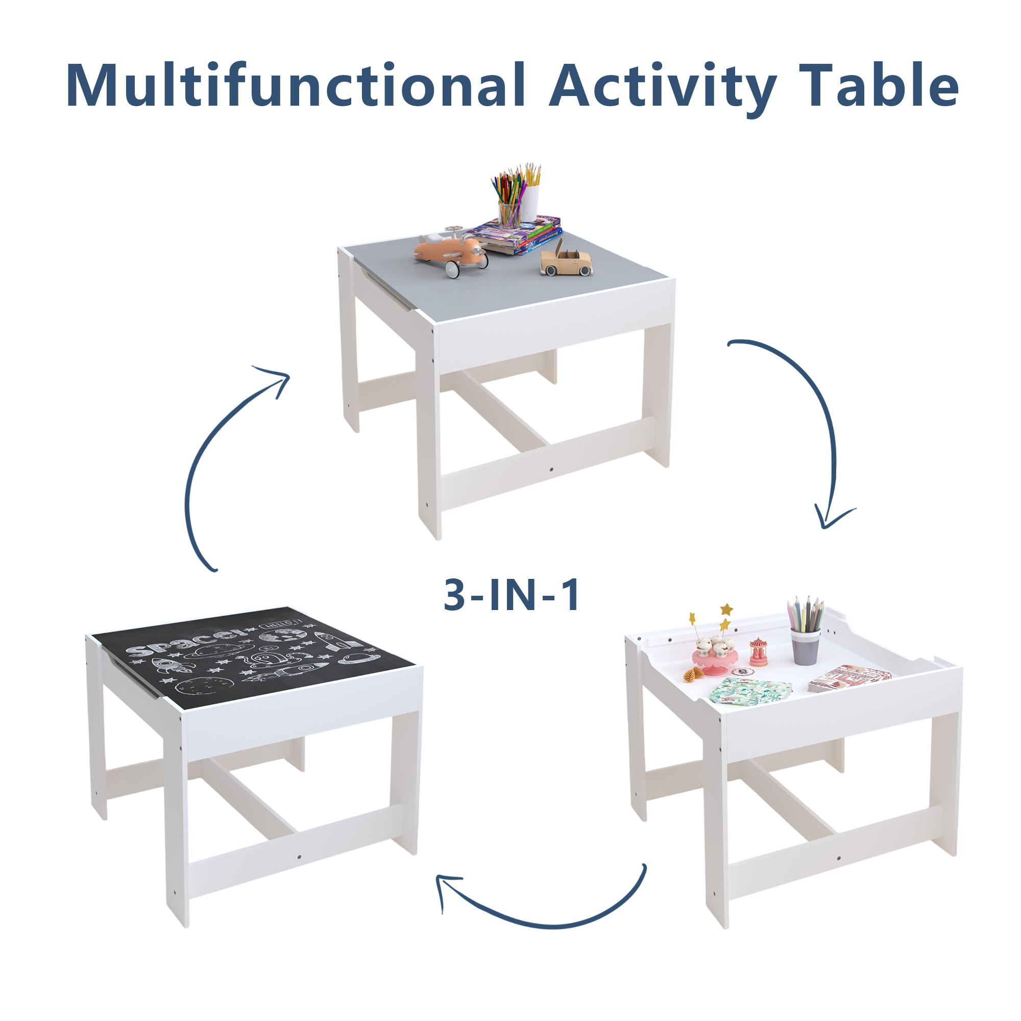 Kids Table and Chair Set, 3 in 1 Wooden Activity Table with Storage Drawer for Toddlers Drawing, Reading, Crafts, 2 in 1 Deta