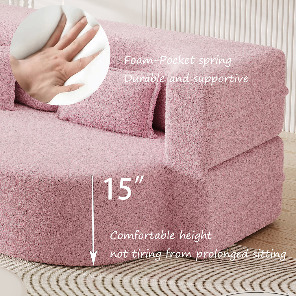Modern Floor Sofa with 2 Pillows,Convertible Teddy Fabric Foam Filled Sleeper Sofa Bed,15 ' Full Size Folding Mattress for Living Room,Guest Bed,Playroom,No Assembly Required,Pink - Grand Goldman Shop