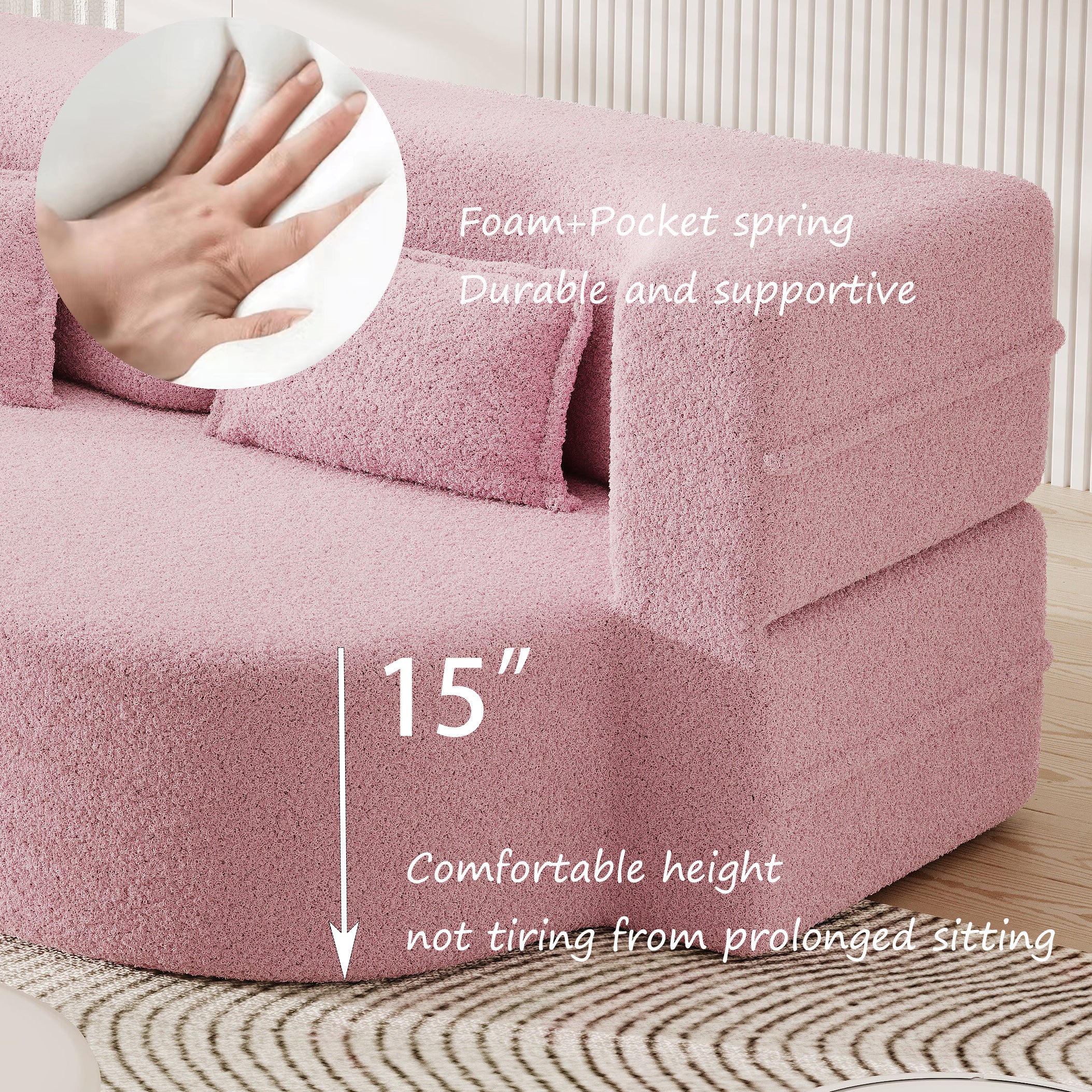 Modern Floor Sofa with 2 Pillows,Convertible Teddy Fabric Foam Filled Sleeper Sofa Bed,15 ' Full Size Folding Mattress for Living Room,Guest Bed,Playroom,No Assembly Required,Pink - Grand Goldman Shop