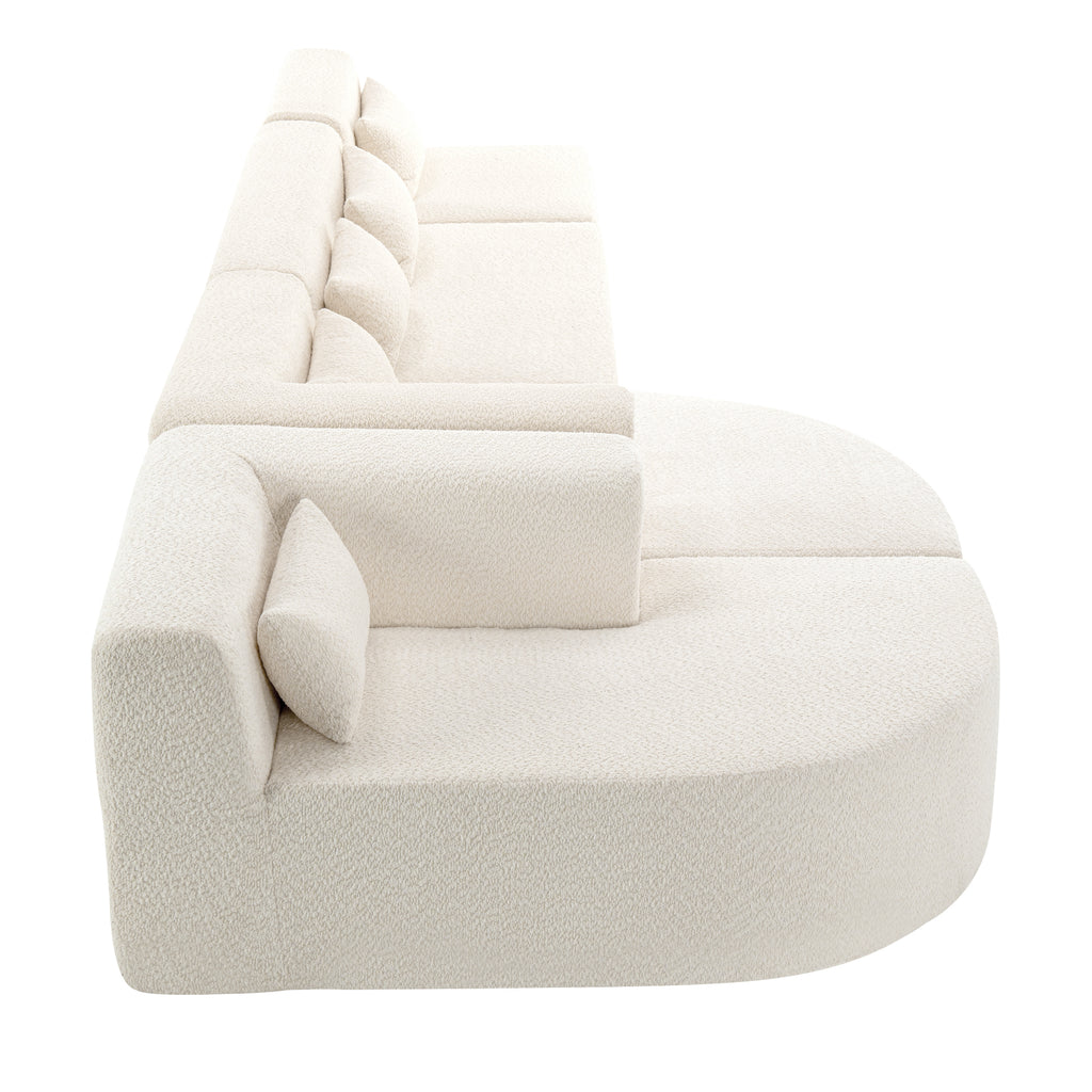 Modern Upholstered L-Shape Sofa with Chaise Lounge and Back Pillows, Beige Boucle Fabric, 144 inches - Grand Goldman Shop
