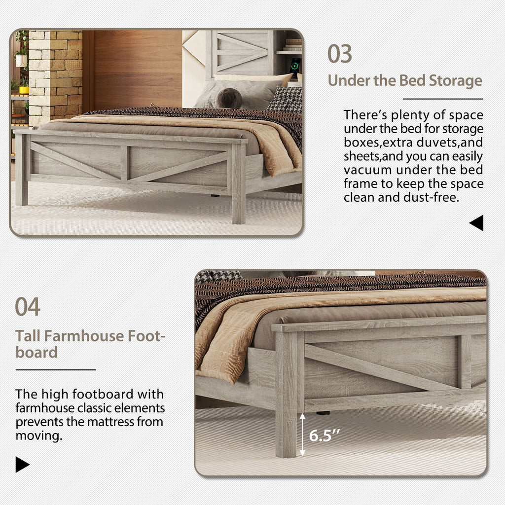 3-Pieces Bedroom Sets Queen Size Farmhouse Platform Bed with Double Sliding Door Storage Headboard and Charging Station, Storage Nightstand and Dresser, Antique Gray(Old SKU HL000092AAG) - Grand Goldman Shop