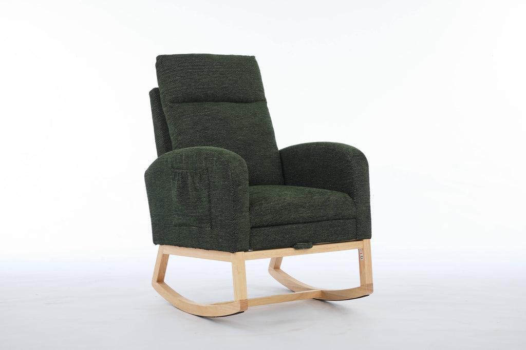 Modern Accent Rocking Chair Rocking Chair with Solid Wood Legs, Upholstered Nursery Glider Rocker, Comfy Armchair with Side Pocket, Living Room Lounge Arm Chair with High Backrest fabric - Grand Goldman Shop