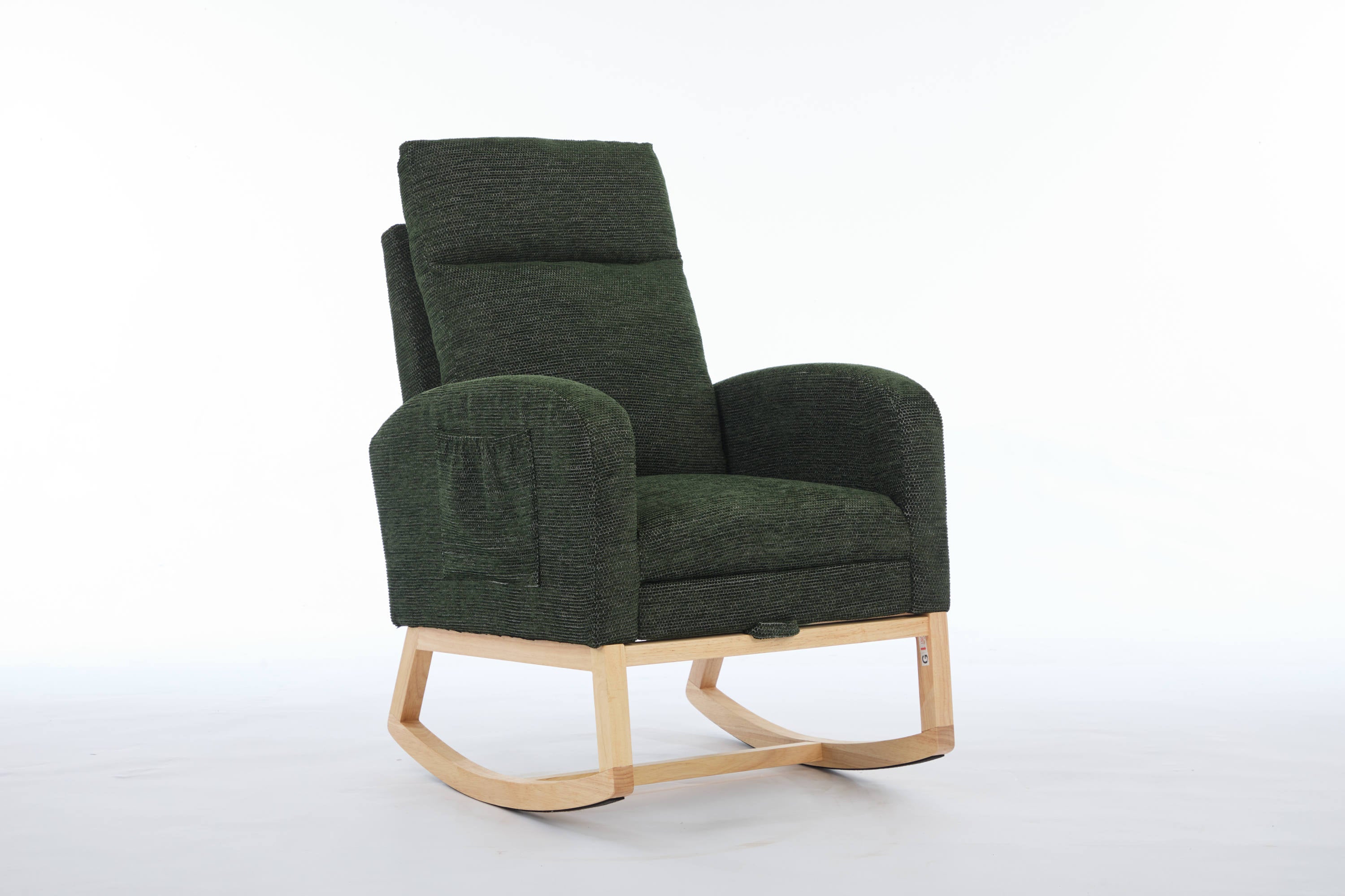 Modern Accent Rocking Chair Rocking Chair with Solid Wood Legs, Upholstered Nursery Glider Rocker, Comfy Armchair with Side Pocket, Living Room Lounge Arm Chair with High Backrest fabric - Grand Goldman Shop