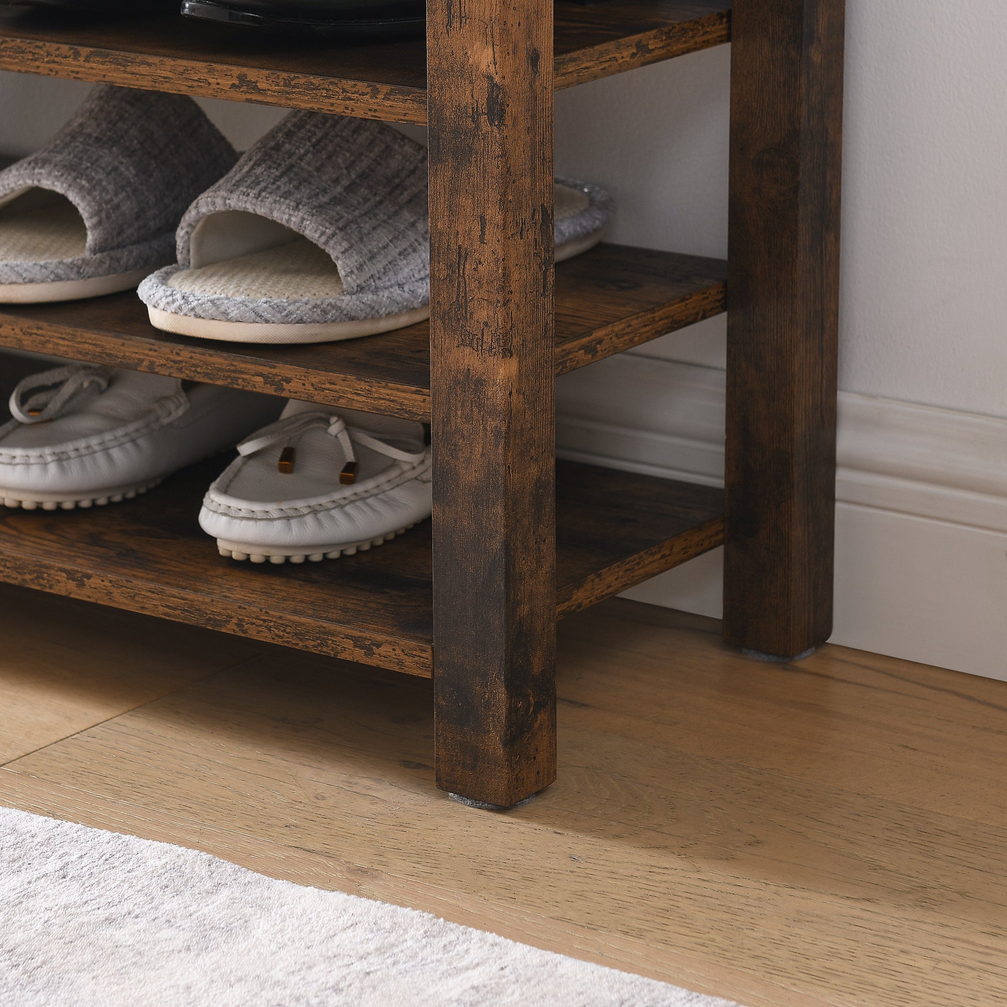 A height-adjustable long shoe-changing bench,made of natural rubberwood,comes with a comfortable seat,concealed storage space and large storage compartments, featuring charcoal-grained wood ,Vintage - Grand Goldman Shop