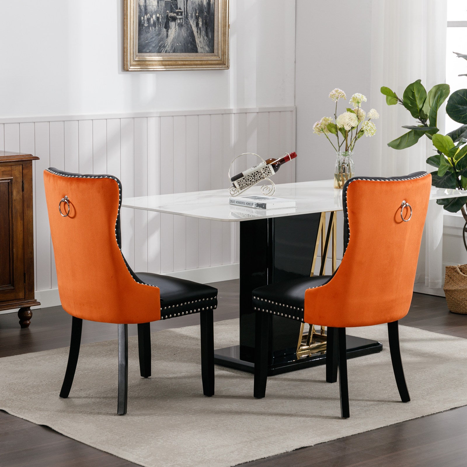 A&A Furniture,Nikki Collection Modern, High-end Tufted Solid Wood Contemporary PU and Velvet Upholstered Dining Chair with Wood Legs Nailhead Trim  2-Pcs Set，Black+Orange, SW2101BO - Grand Goldman Shop