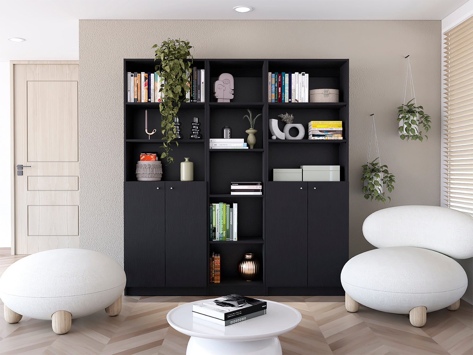 Acres 3 Piece Home Bookcase set, 67' Wide with 11 Shelves and Two Double-Door Cabinet ,  Living Room Set Set  Black
