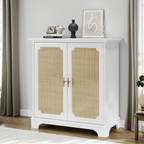 Rattan Decorated Sideboard Buffet Storage Liquor Cabinet, White Particle Board & MDF, 31.10 x 14.96 x 34.25 inches - Grand Goldman Shop