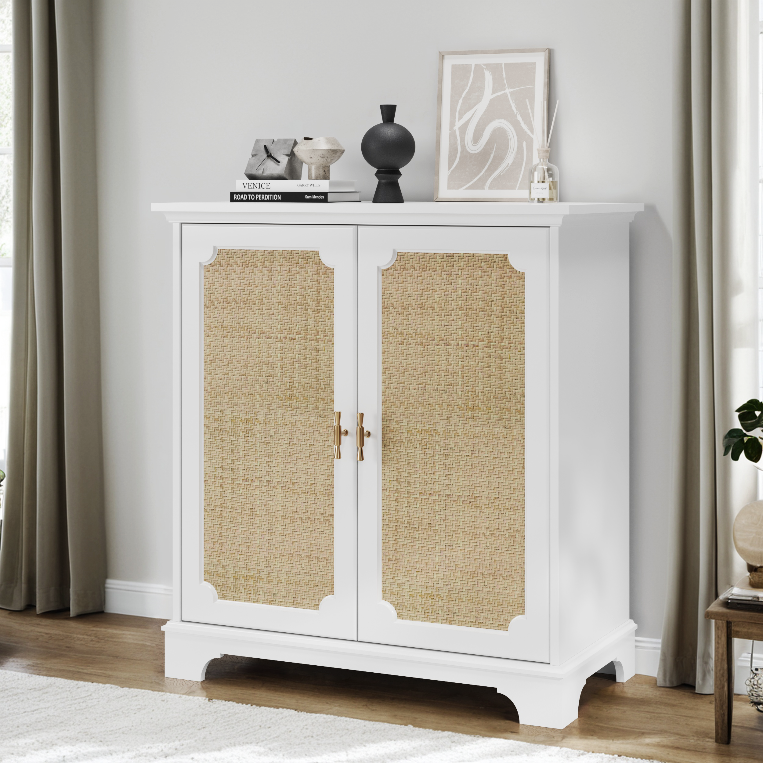 Rattan Decorated Sideboard Buffet Storage Liquor Cabinet, White Particle Board & MDF, 31.10 x 14.96 x 34.25 inches - Grand Goldman Shop