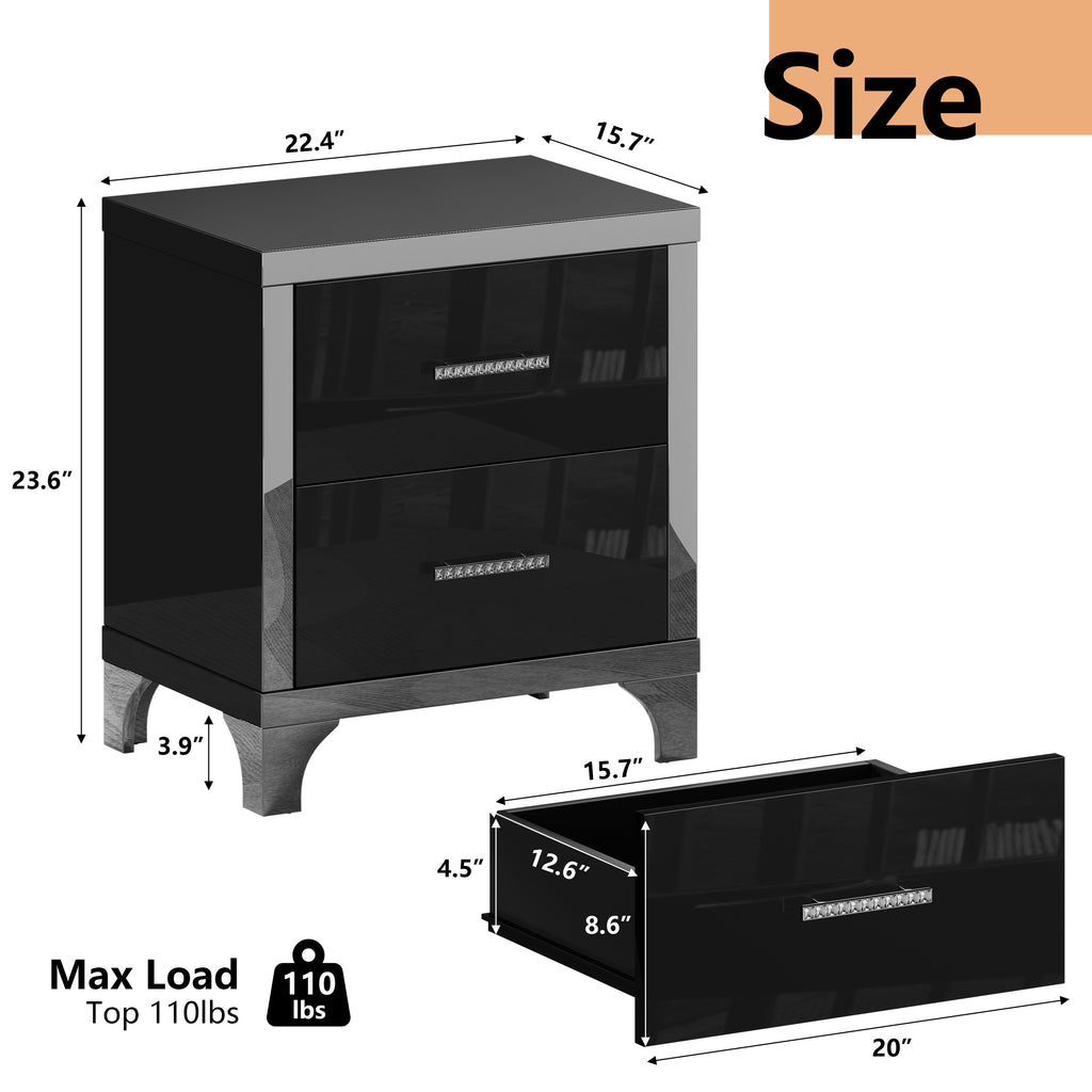 High Gloss Mirrored Nightstand with 2 Drawers,Modern End Table with Drawers,Mirrored High Gloss Wood Nightstand Metal Handle Bedside End Table for Bedroom, Dorm,Living Room,Black - Grand Goldman Shop