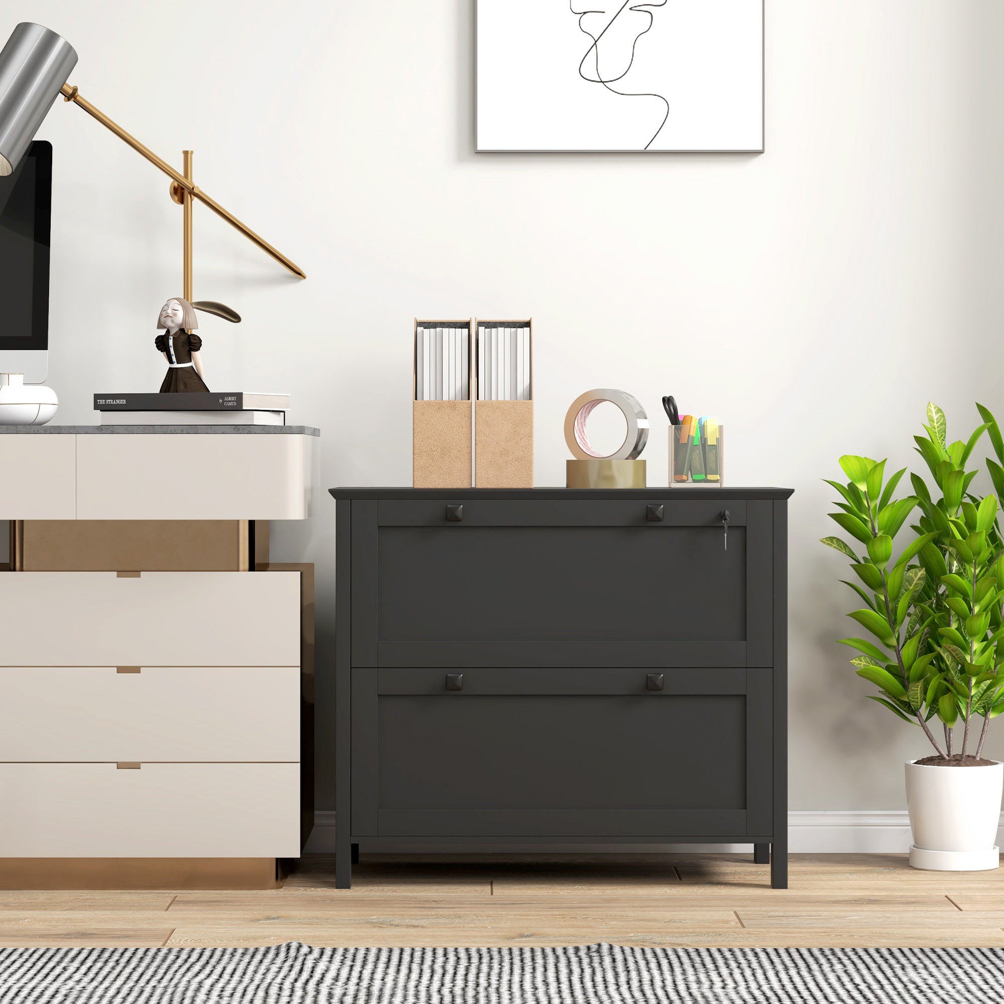 HOMCOM 2 Drawer File Cabinet with Lock, Lateral Filing Cabinet with Keys and Adjustable Hanging Bar for Letter, A4 and Legal 