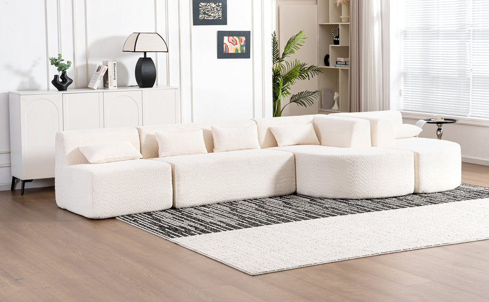 Modern Upholstered L-Shape Sofa with Chaise Lounge and Back Pillows, Beige Boucle Fabric, 144 inches - Grand Goldman Shop