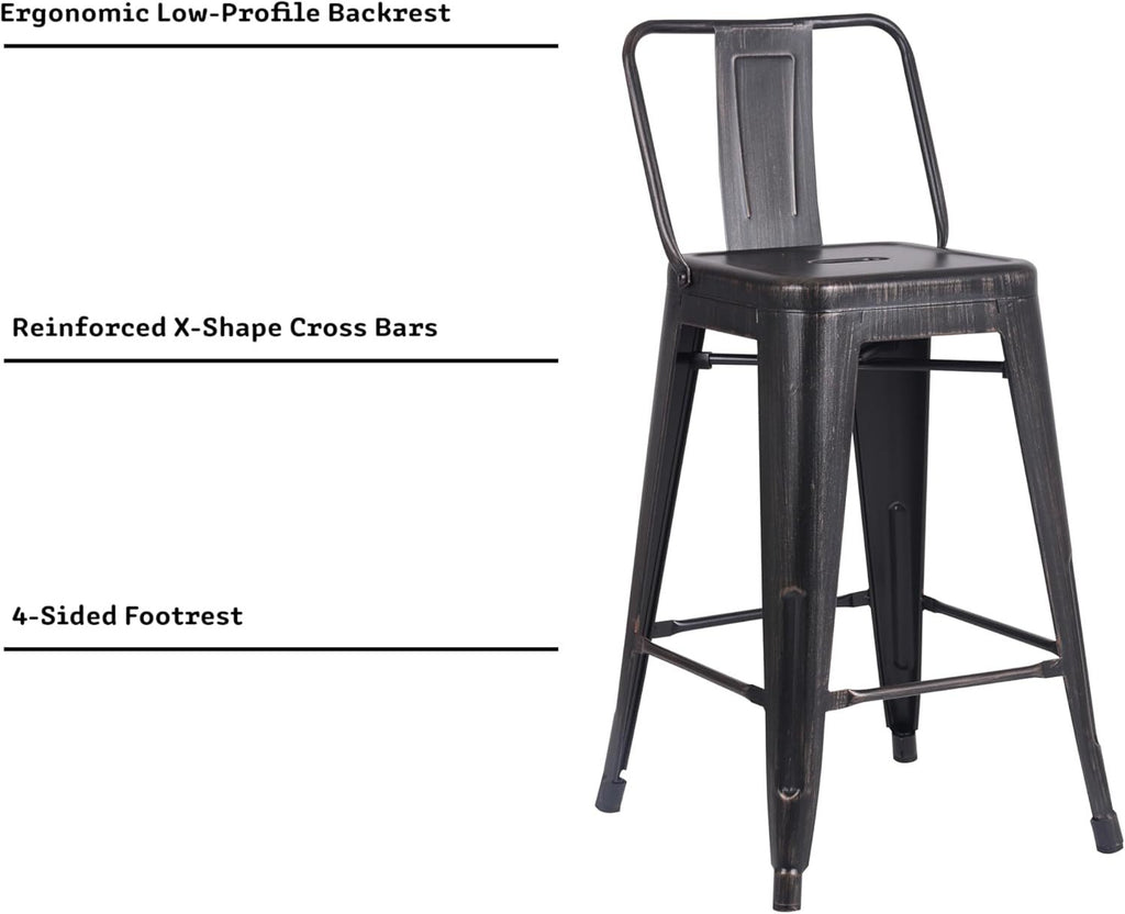 Modern Light Weight Industrial Contemporary Rustic Vintage Costal Metal Barstools with Bucket Back and 4 Leg Design, (Set of 