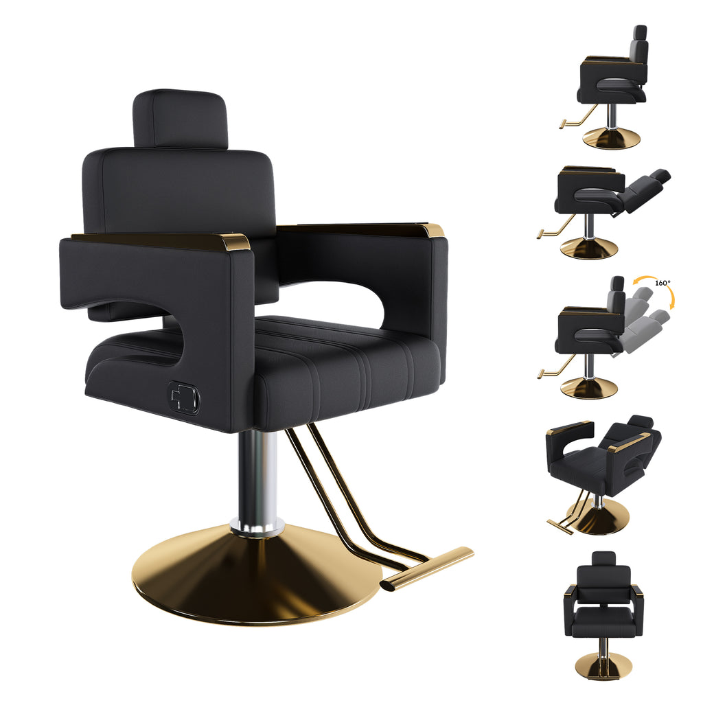 Professional Hydraulic Barber Chair with 360° Swivel, Adjustable Height, Stainless Steel Armrests & Reclining Backrest in Black & Gold - Grand Goldman Shop