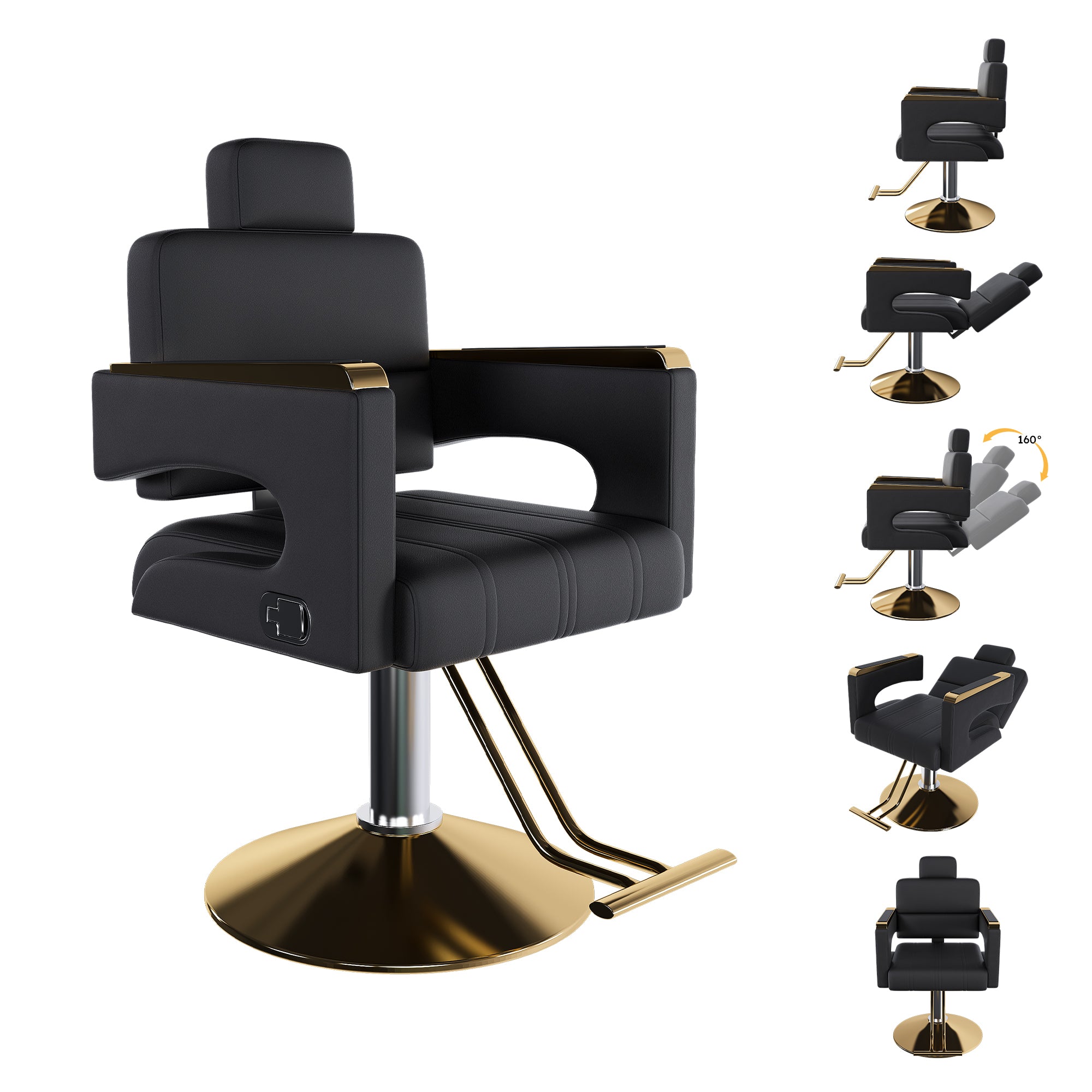 Professional Hydraulic Barber Chair with 360° Swivel, Adjustable Height, Stainless Steel Armrests & Reclining Backrest in Black & Gold - Grand Goldman Shop