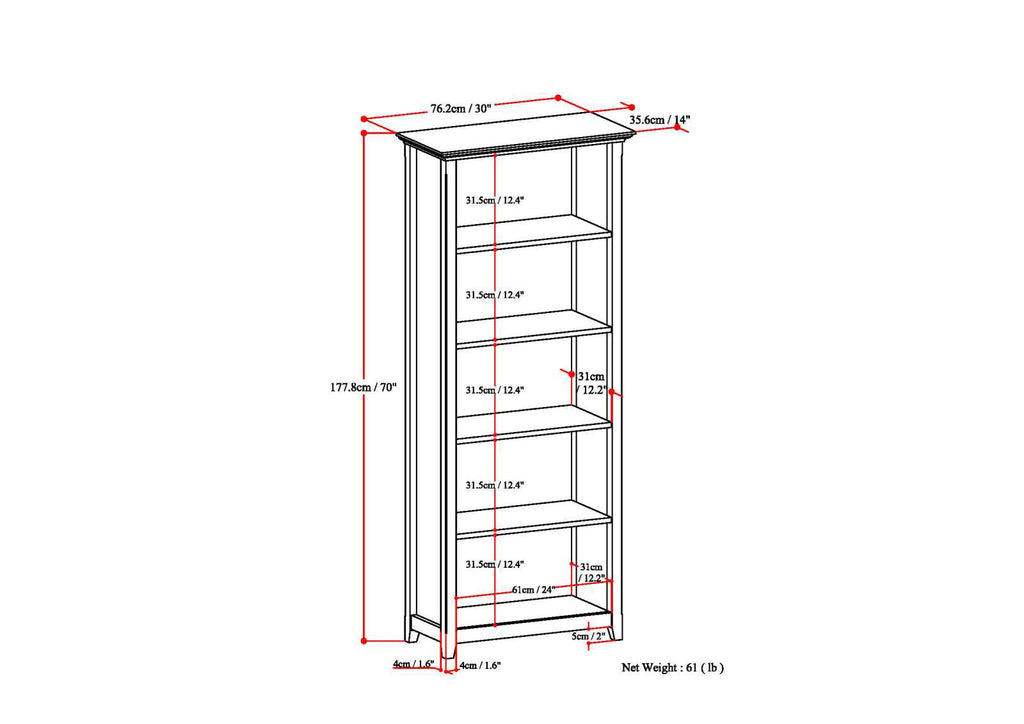 Amherst 30 inch Solid Wood 5 Shelf Bookcase in Distressed Grey - Grand Goldman