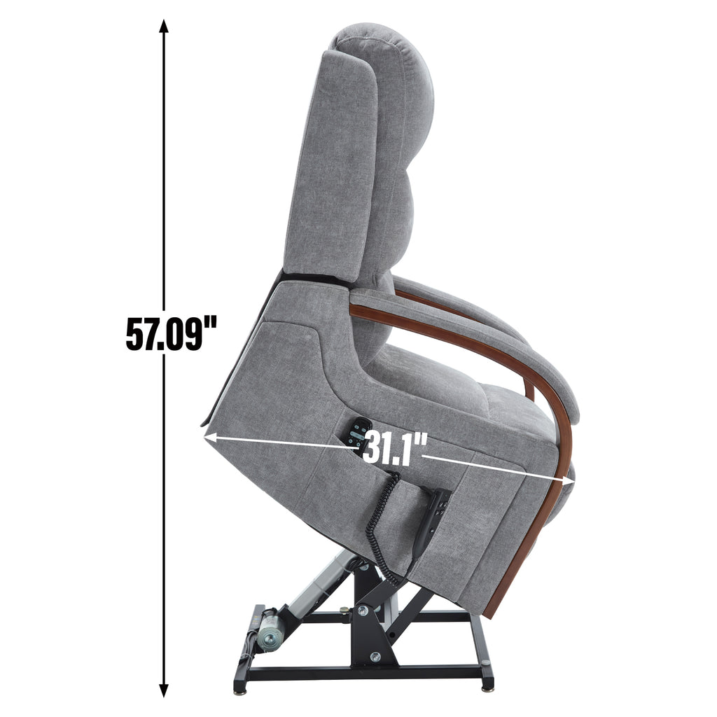 Power Grey Chenille Lift Recliner Chair Dual Motor Infinite Position Up to 350 LBS with Solid Wood Armrests, Heat Massage and Heavy Duty Motion Mechanism - Grand Goldman Shop