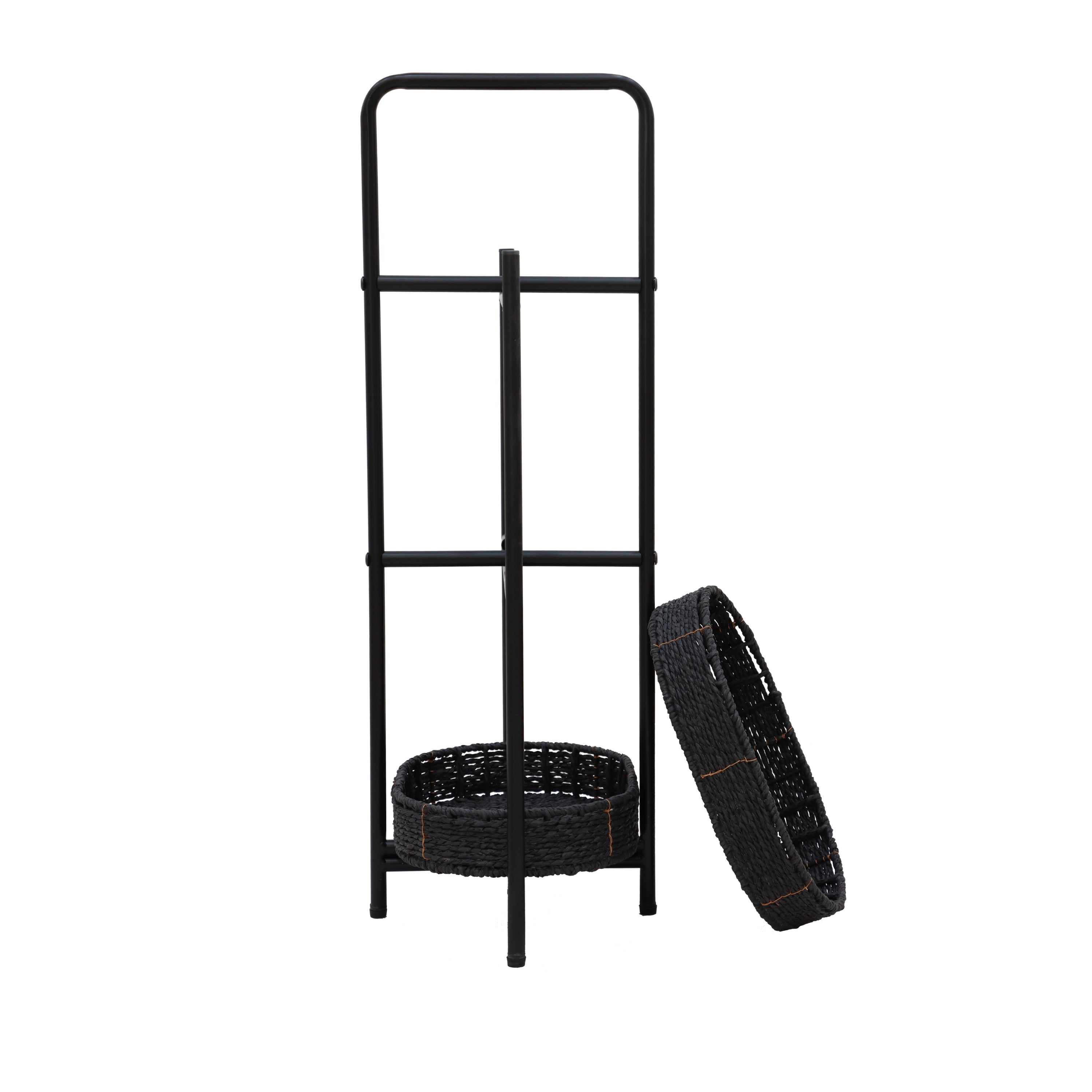 Modern 3-Tier Handwoven Side Table with Oval Organizer in Black Metal and Paper Rope - Grand Goldman Shop