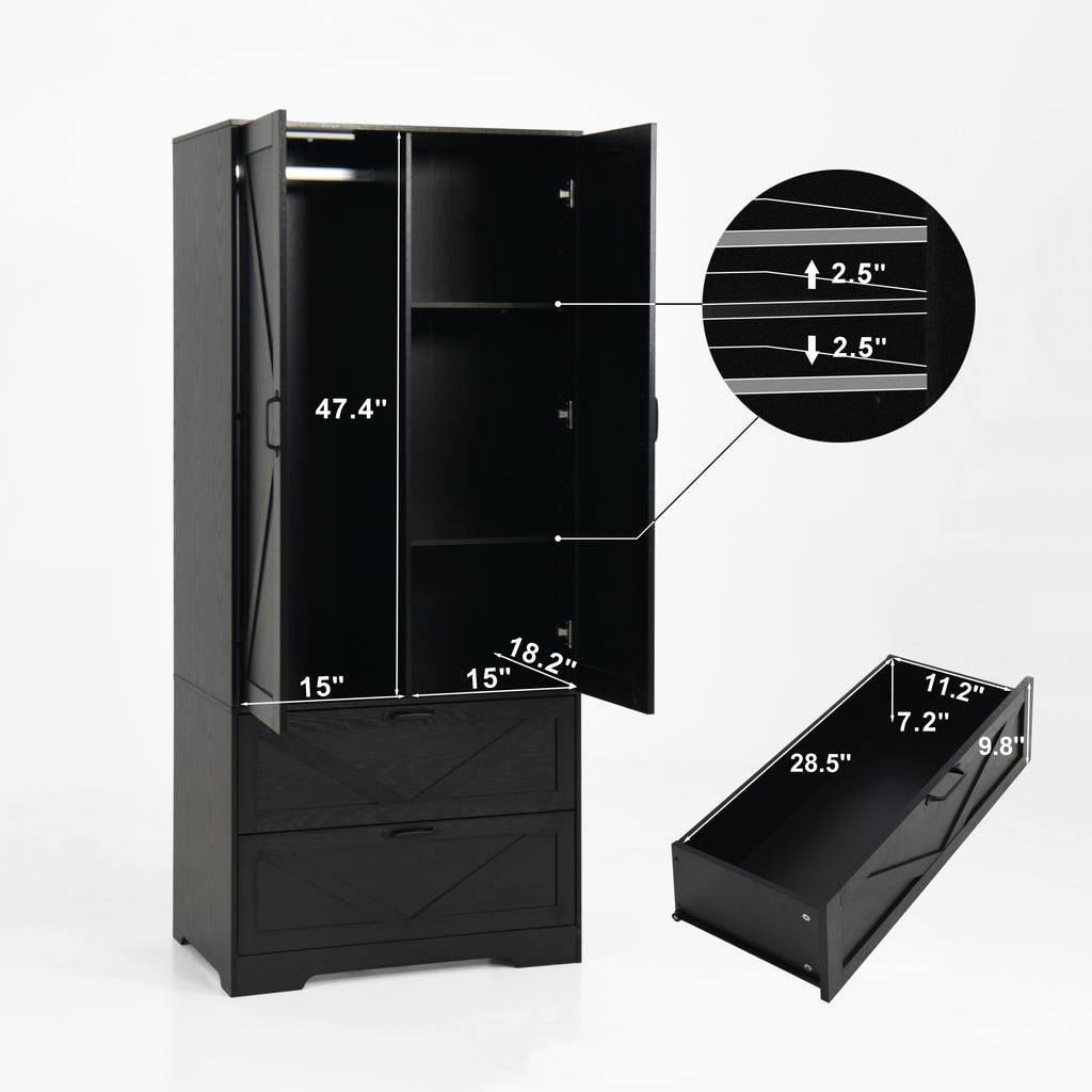 2 Door Wood Wardrobe for Bedroom with Hanging Clothing Rod inside the Cabinet and 2 Drawers for Storage Organization, Built-in induction light Multifunctional Closet with Mirror, Black - Grand Goldman Shop