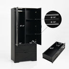 2 Door Wood Wardrobe for Bedroom with Hanging Clothing Rod inside the Cabinet and 2 Drawers for Storage Organization, Built-in induction light Multifunctional Closet with Mirror, Black - Grand Goldman Shop