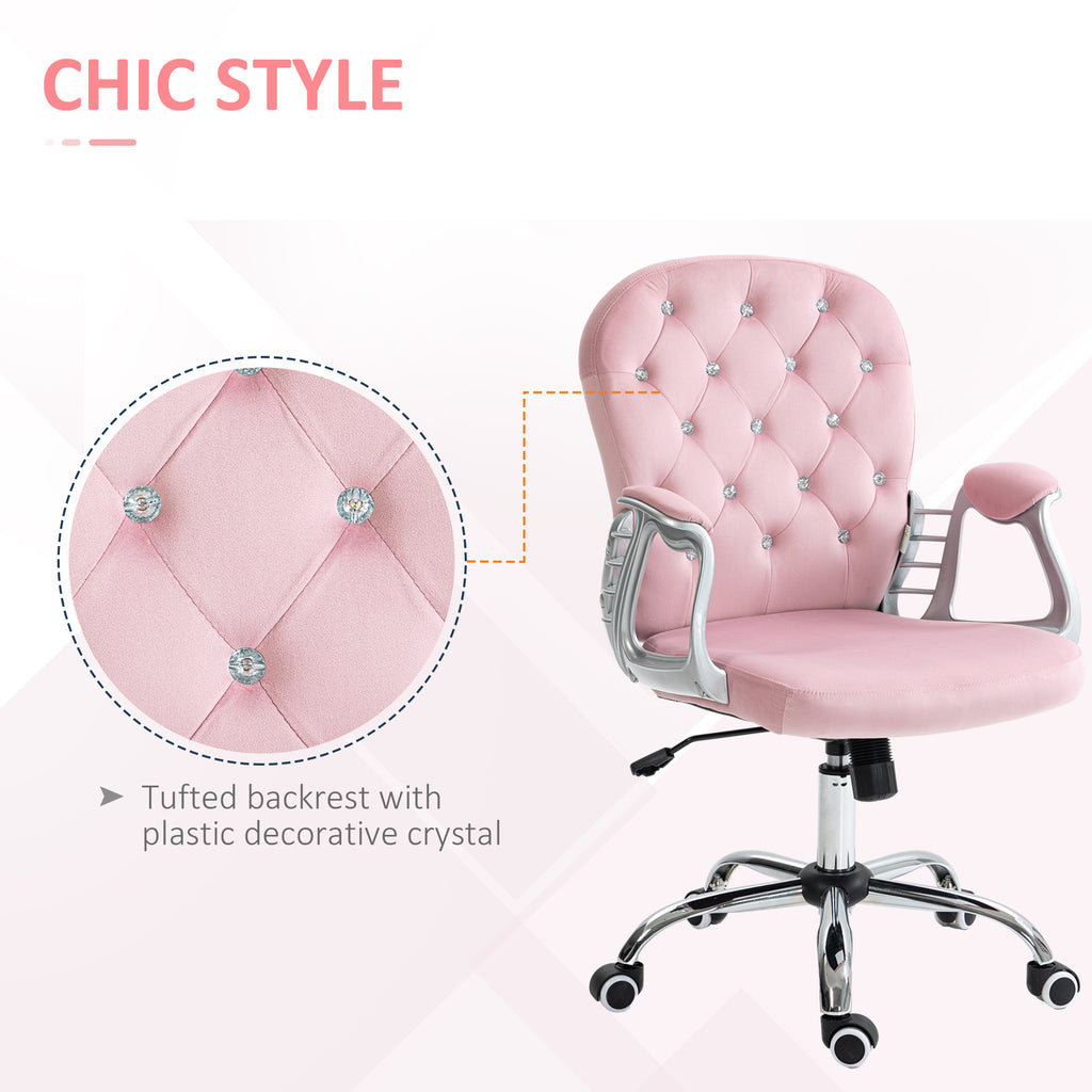 Vinsetto Velvet Home Office Chair, Button Tufted Desk Chair with Padded Armrests, Adjustable Height and Swivel Wheels, Pink -