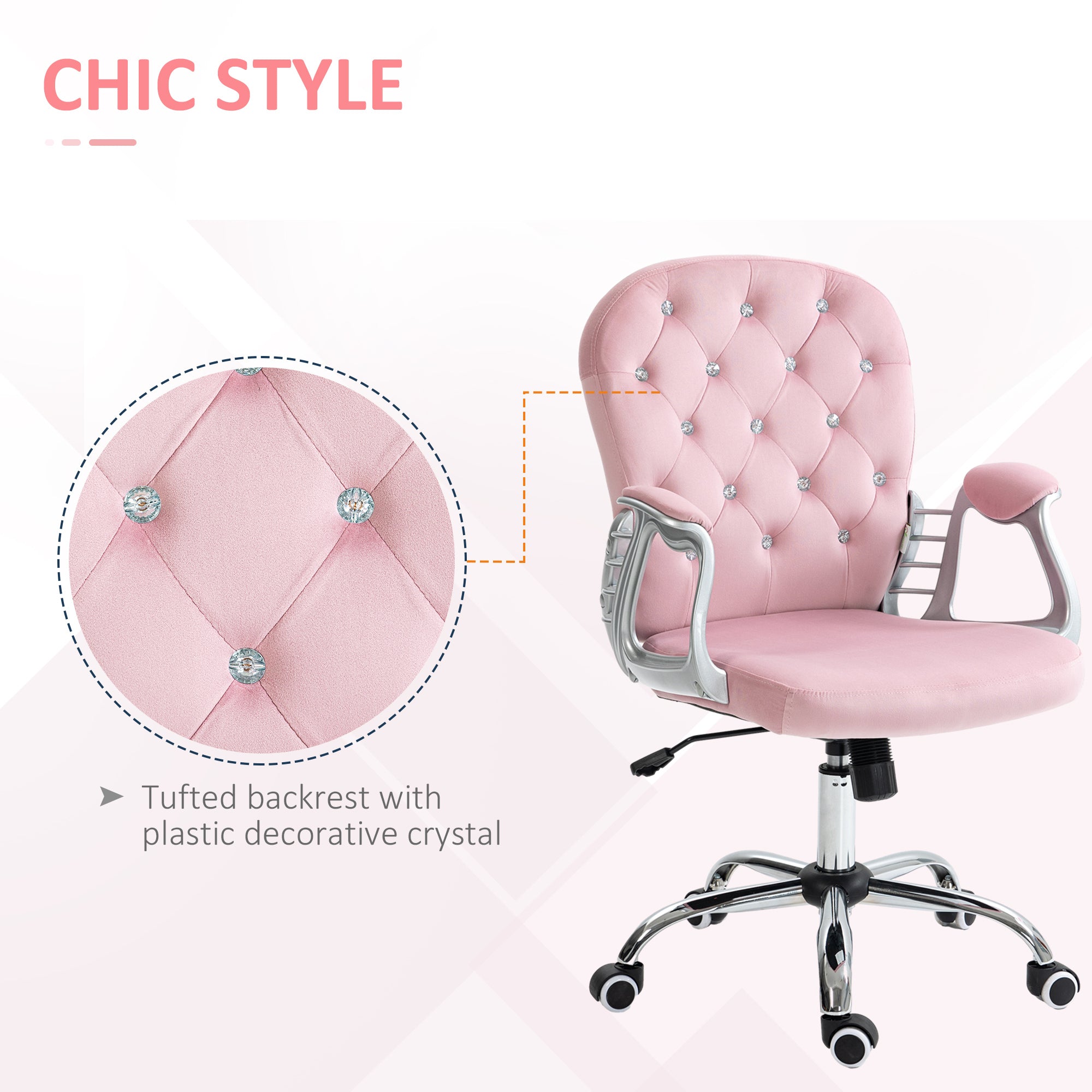 Vinsetto Velvet Home Office Chair, Button Tufted Desk Chair with Padded Armrests, Adjustable Height and Swivel Wheels, Pink -