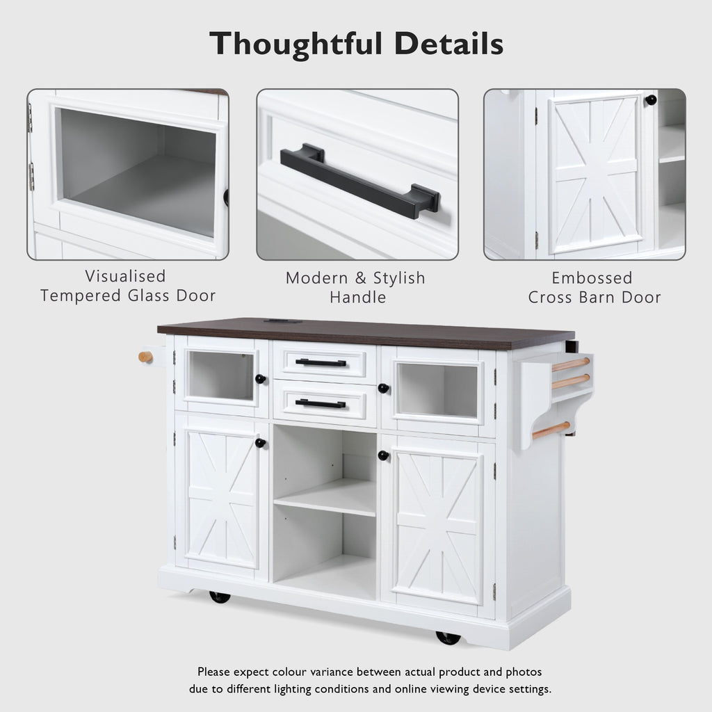 K&K 54.9' Kitchen Island with Drop Leaf, Power Outlet, Kitchen Storage Cart with 4 Door Shelves, Cross Barn Doors & Visual Glass Door, Rolling Kitchen Island on 4 Wheels for Kitchen, Dining Room,White - Grand Goldman Shop