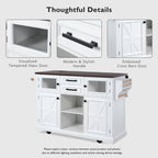 K&K 54.9' Kitchen Island with Drop Leaf, Power Outlet, Kitchen Storage Cart with 4 Door Shelves, Cross Barn Doors & Visual Glass Door, Rolling Kitchen Island on 4 Wheels for Kitchen, Dining Room,White - Grand Goldman Shop