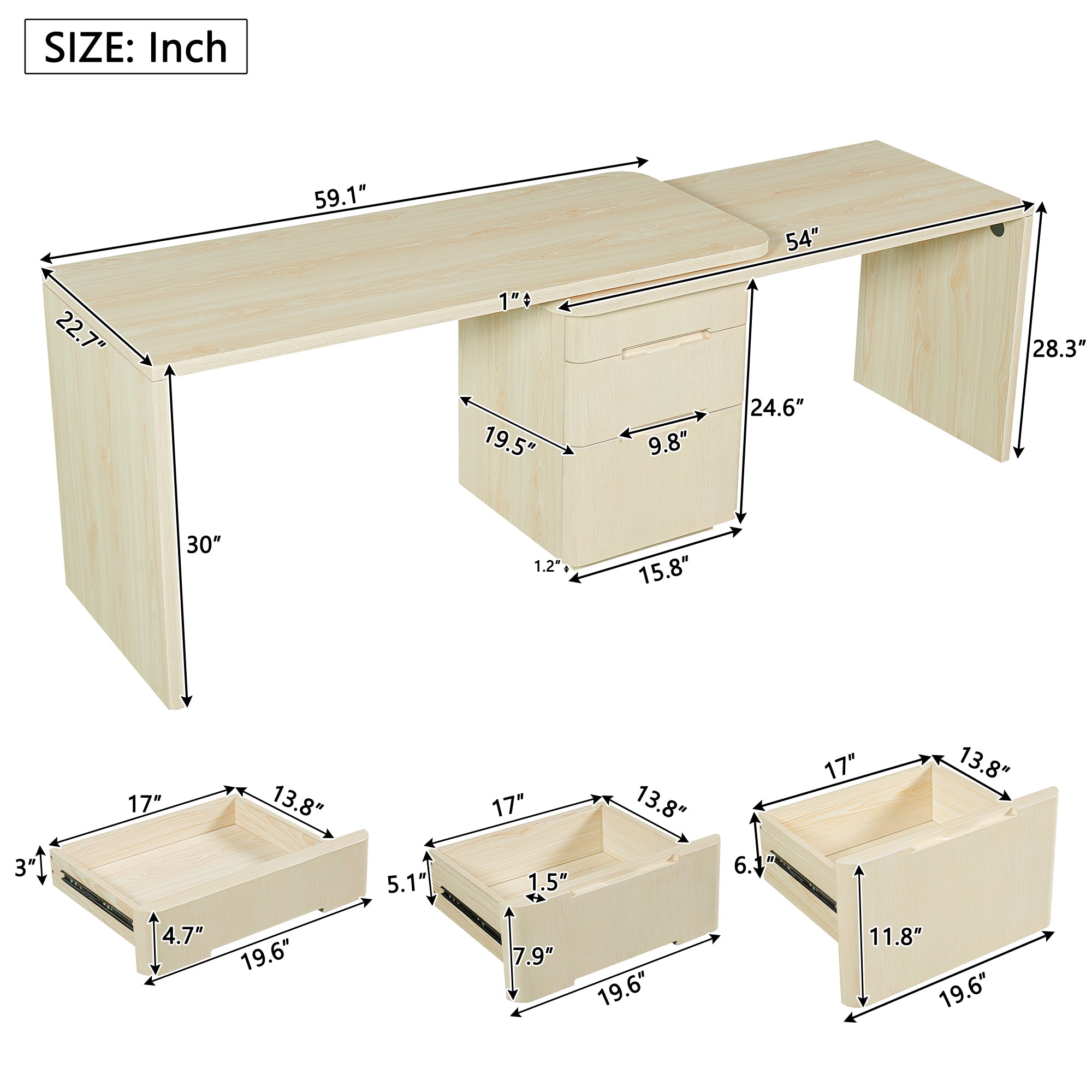 90' Modern L Shaped Desk in Natural Wood with 3 Drawers,360° Wood Rotating Desk,Executive Office Desk,Corner Desk,Office Stud