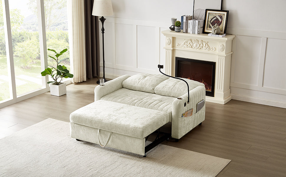 Modern 53.9' Loveseat Pull-out Sofa Bed with Adjustable Backrest, Cup Holders, Charging Ports & Side Storage in Beige Chenille - Grand Goldman Shop