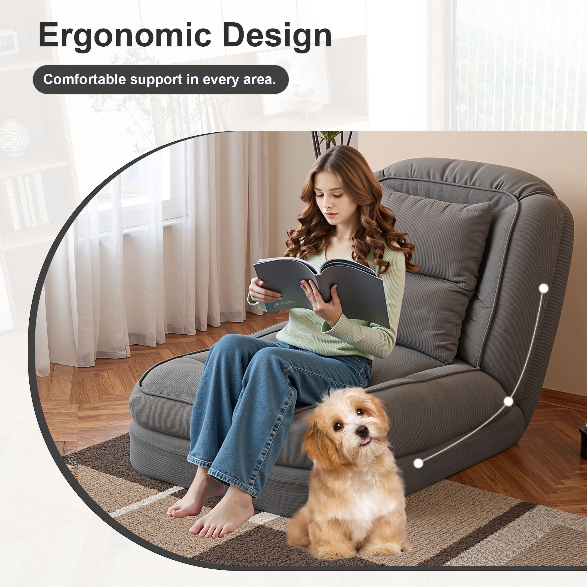 Upholstered Foldable Lazy Sofa Bed for Adults and Pets, 5-Position Adjustable Recliner with 2 Soft Pillows in Grey Corduroy Fabric - Grand Goldman Shop