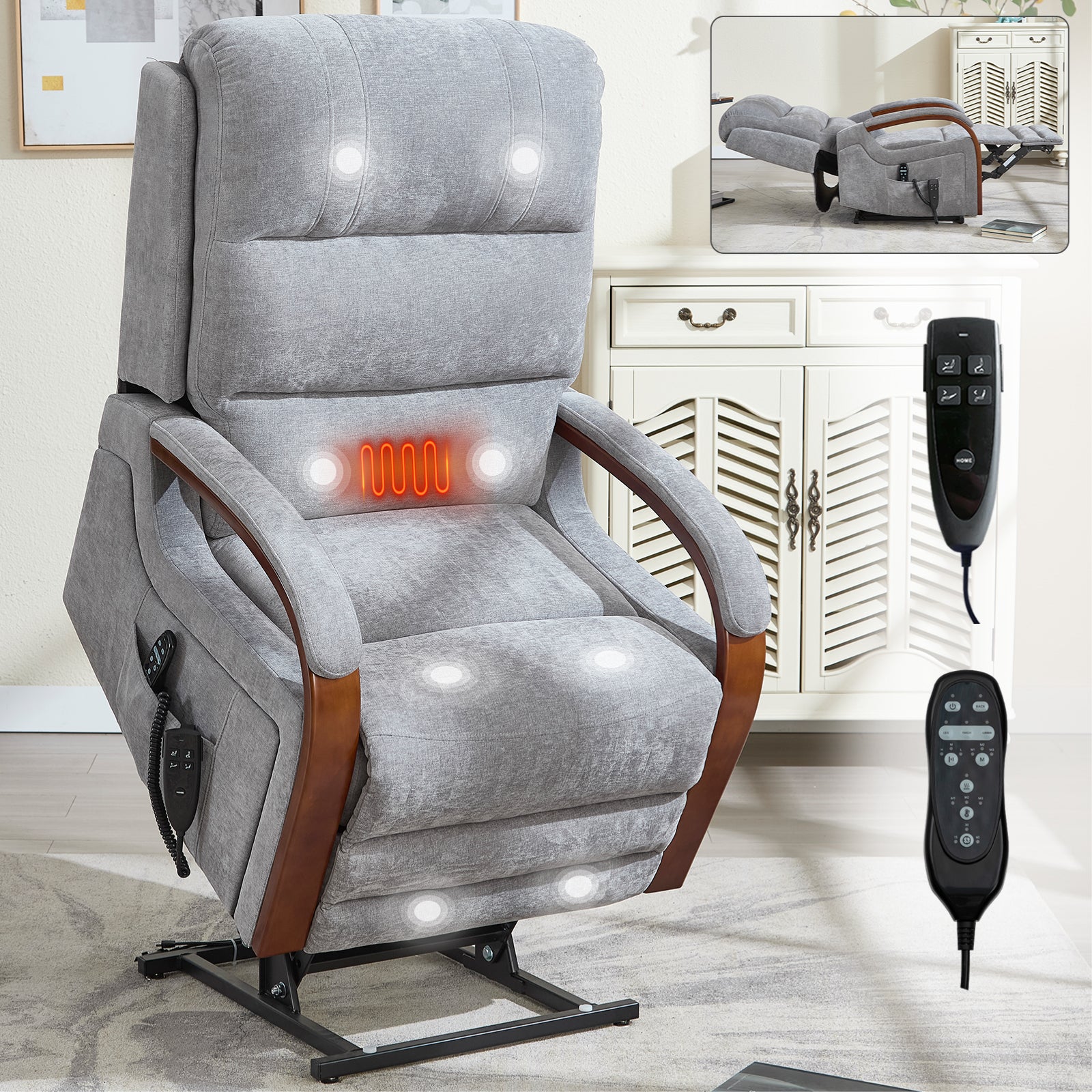 Power Grey Chenille Lift Recliner Chair Dual Motor Infinite Position Up to 350 LBS with Solid Wood Armrests, Heat Massage and Heavy Duty Motion Mechanism - Grand Goldman Shop
