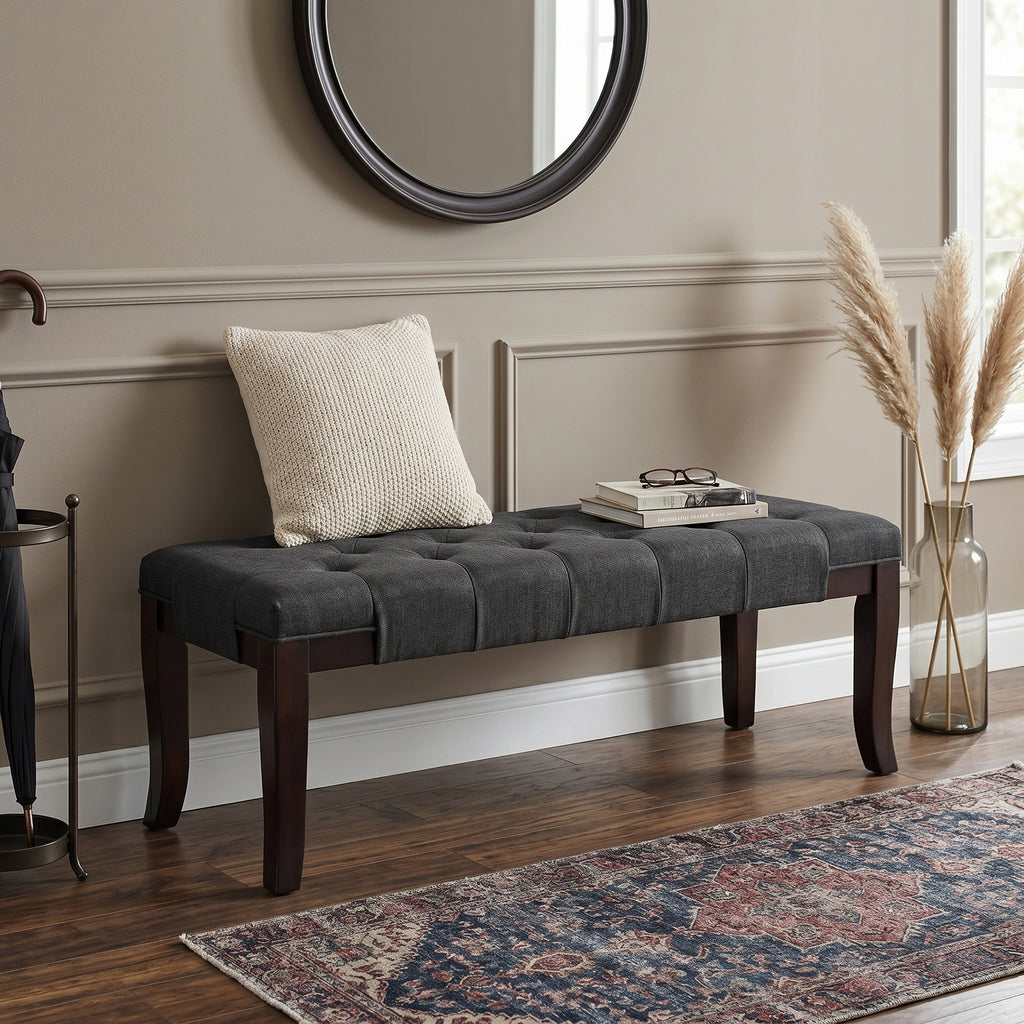 Linon Tufted Bench, Fabric, Gray - Grand Goldman Shop
