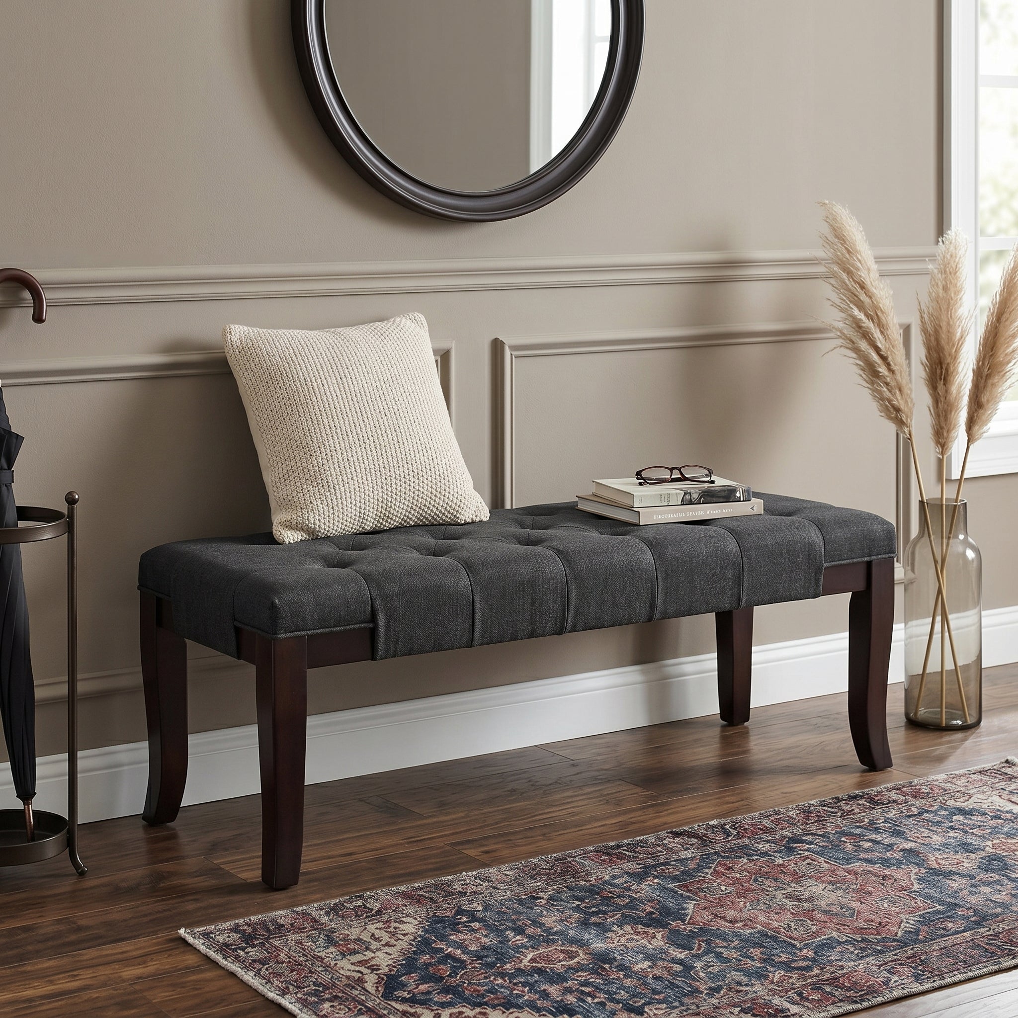 Linon Tufted Bench, Fabric, Gray - Grand Goldman Shop