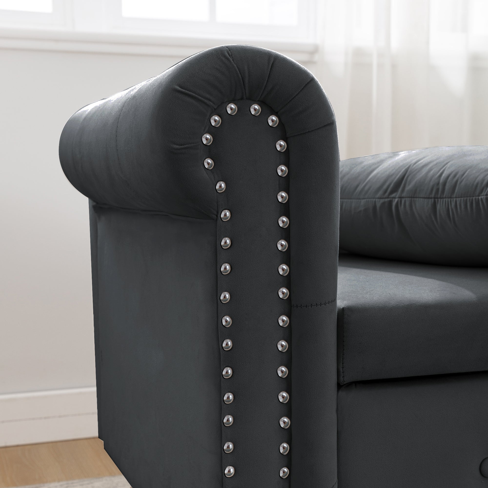 Black Chaise Lounge Indoor, Velvet Lounge Chair for Bedroom with Storage & Pillow, Modern Upholstered Rolled Arm Chase Lounge for Sleeping with Nailhead Trim for Living Room Bedroom Office - Grand Goldman Shop