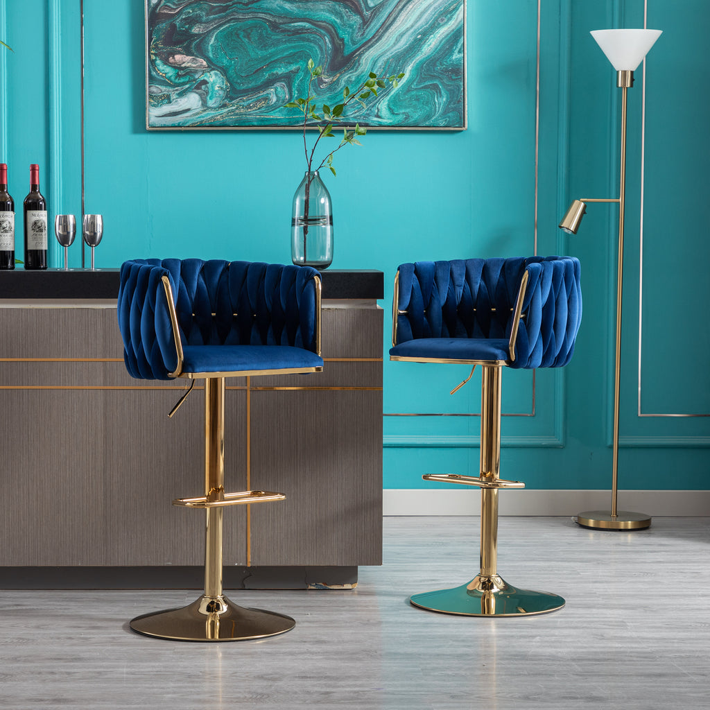 Set of 2  Bar Stools,with Chrome Footrest and Base Swivel Height Adjustable Mechanical Lifting Velvet + Golden Leg Simple Bar Stool-Navy - Grand Goldman Shop