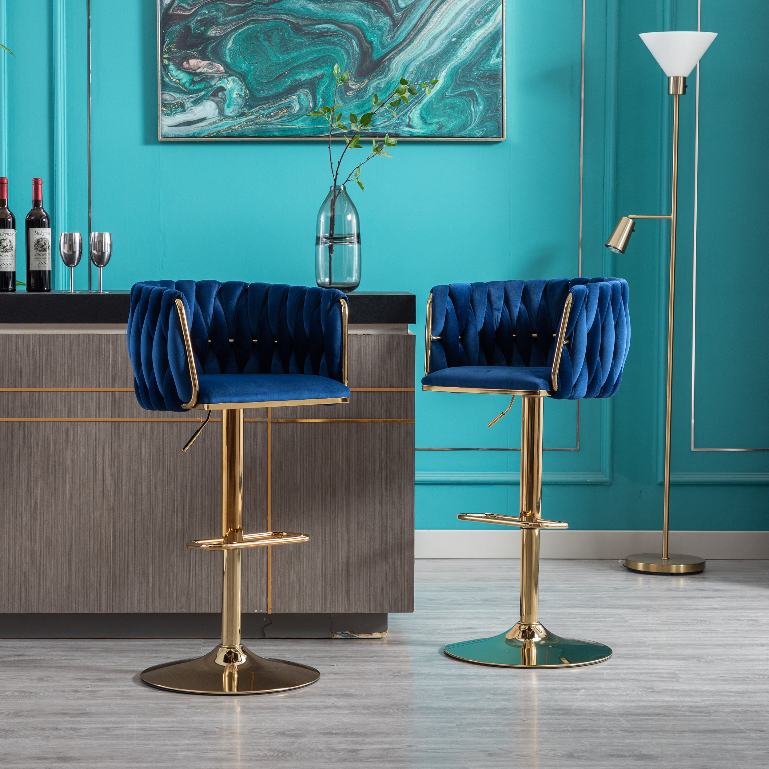 Set of 2  Bar Stools,with Chrome Footrest and Base Swivel Height Adjustable Mechanical Lifting Velvet + Golden Leg Simple Bar Stool-Navy - Grand Goldman Shop