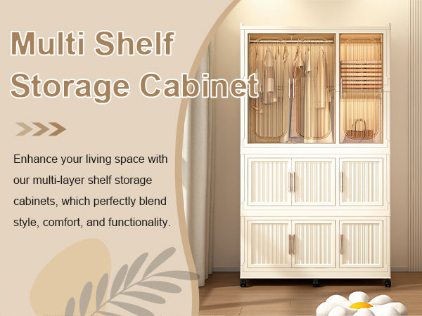 Portable Wardrobe Closet Storage Organizer with 9 Magnetic Doors, Cream White, - Grand Goldman Shop