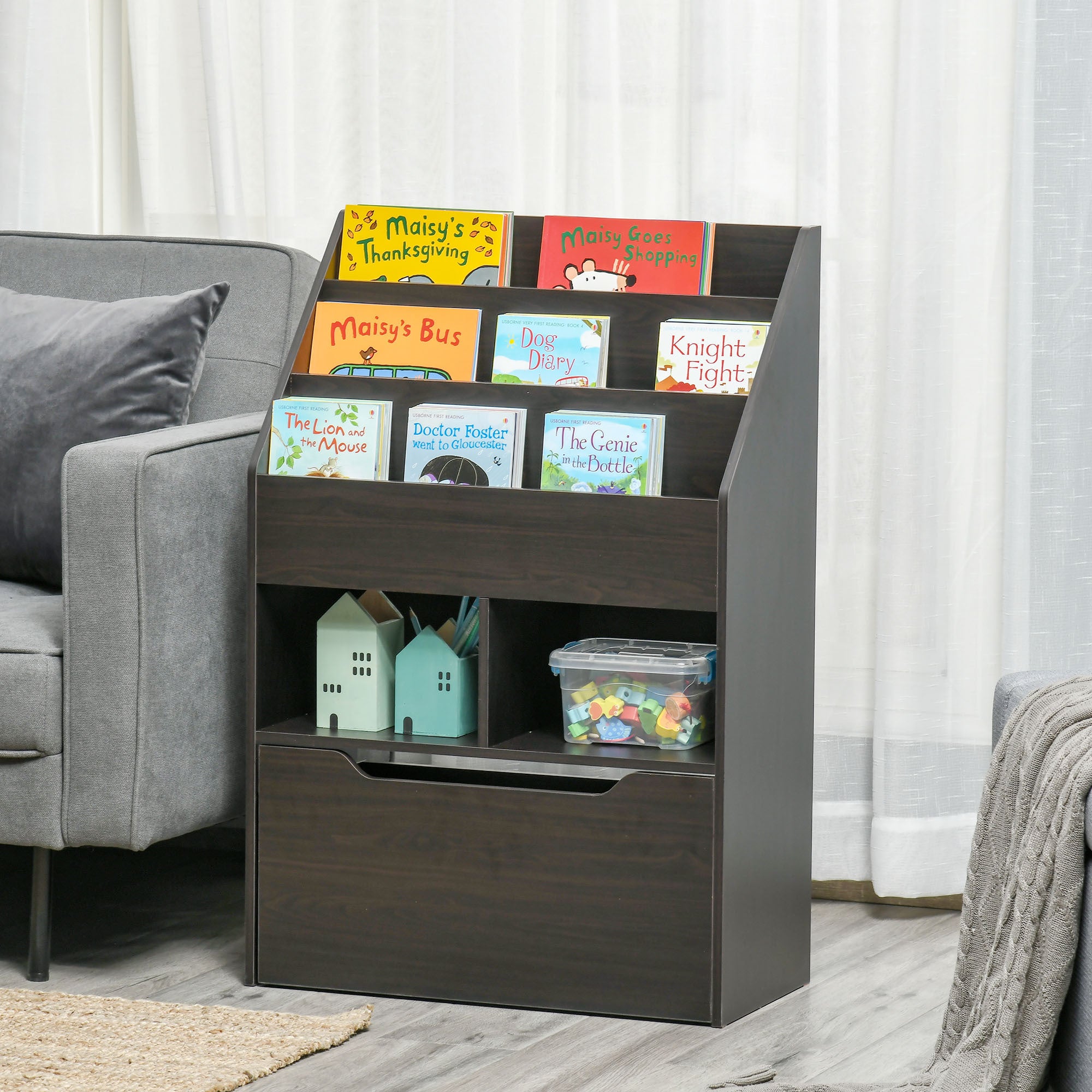 HOMCOM Kids Bookcase Multi-Shelf Rack Organizer with Storage Drawer for Books, Playroom, Brown | Premium Home Decor - Grand G