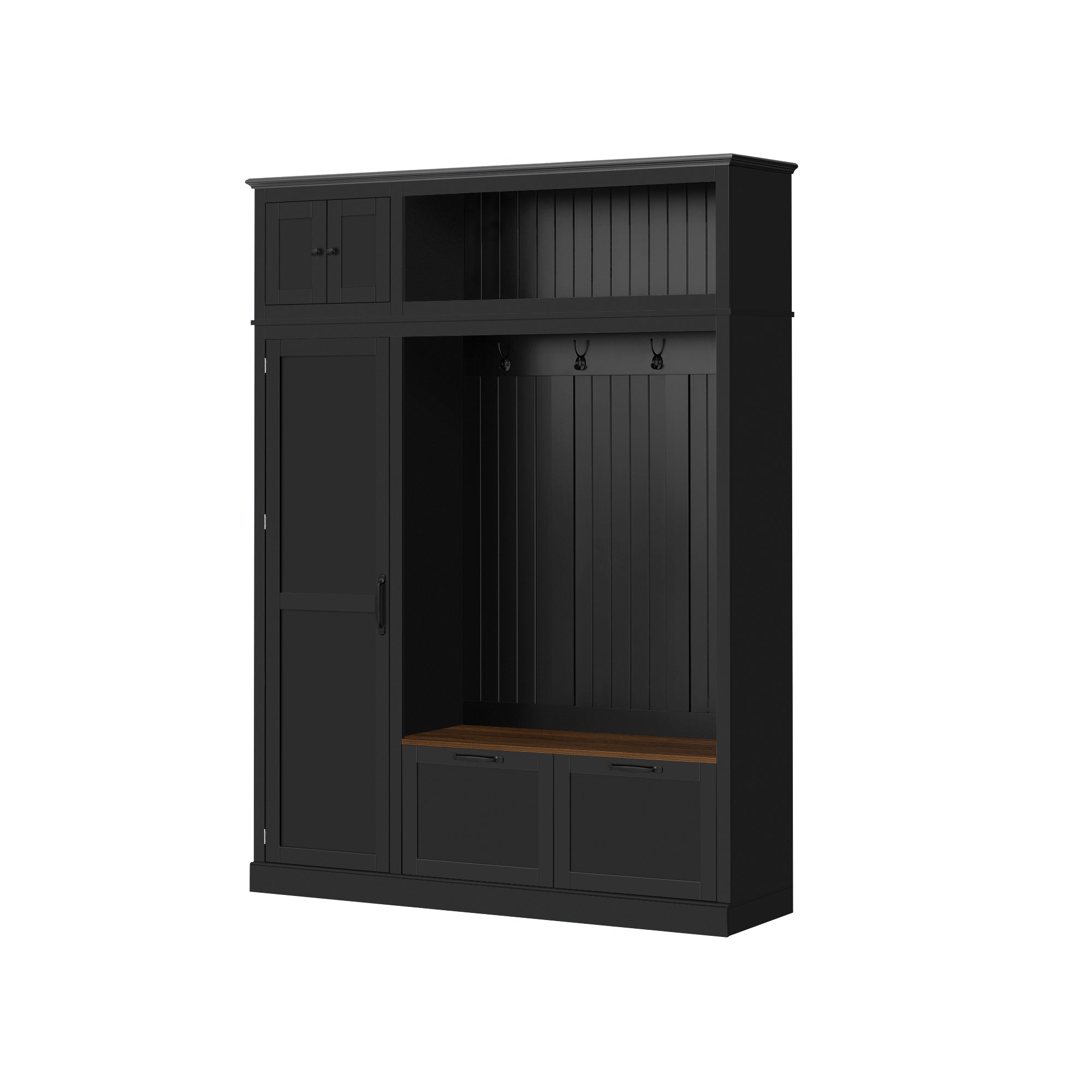 3-in-1 Hall Tree with Overhead Storage Cabinet, 3 Adjustable Side Shelves, 4 Heavy-Duty Hooks, 2 Spacious Drawers, Grooved Back Panel Design, Contrasting Seat Bench, Multifunctional Entryway Organizer - Grand Goldman Shop