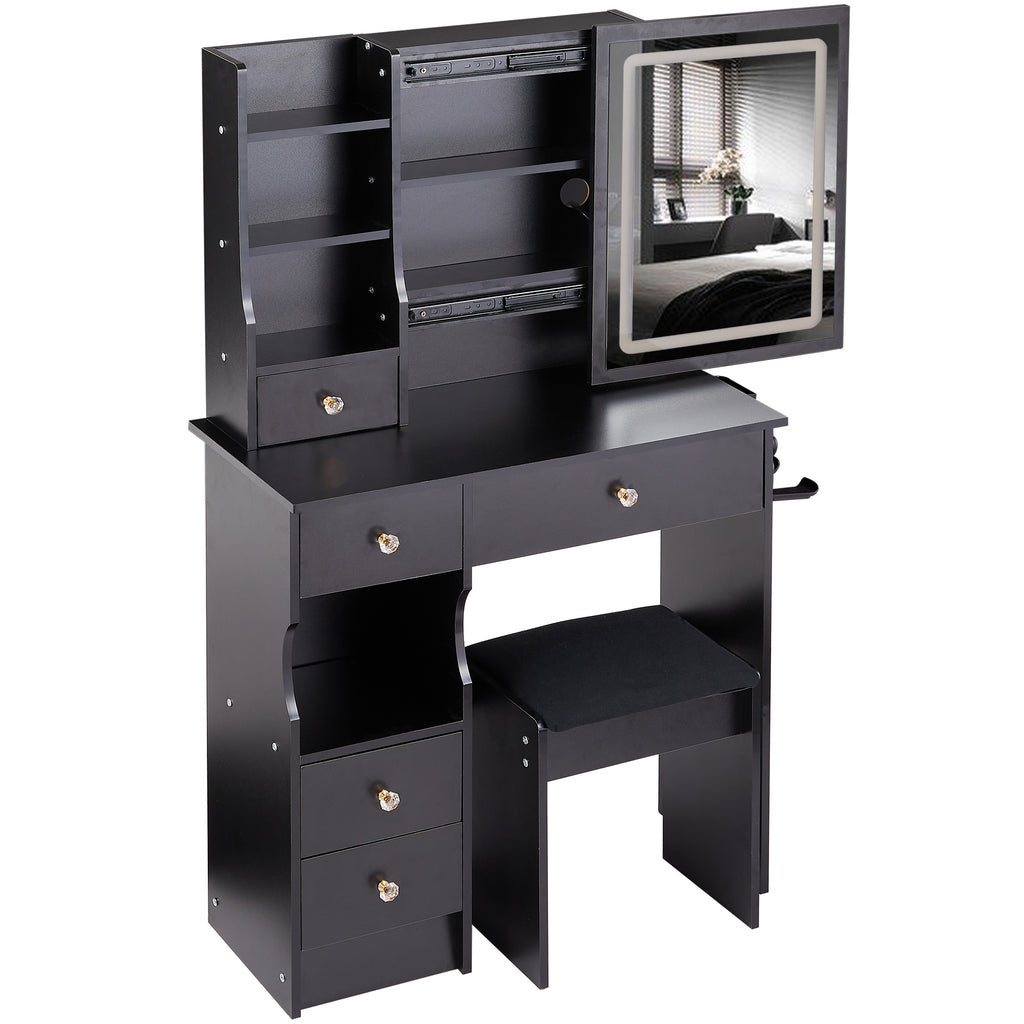 29.2' Small Size Drawer Desktop Vanity Table + Cushioned Stool, 2 AC+2 USB Power Station, Hair dryer bracket, Extra Large Touch Control Sliding LED Mirror, 3-color Switching, EPA, GCC, UL Certificate - Grand Goldman Shop